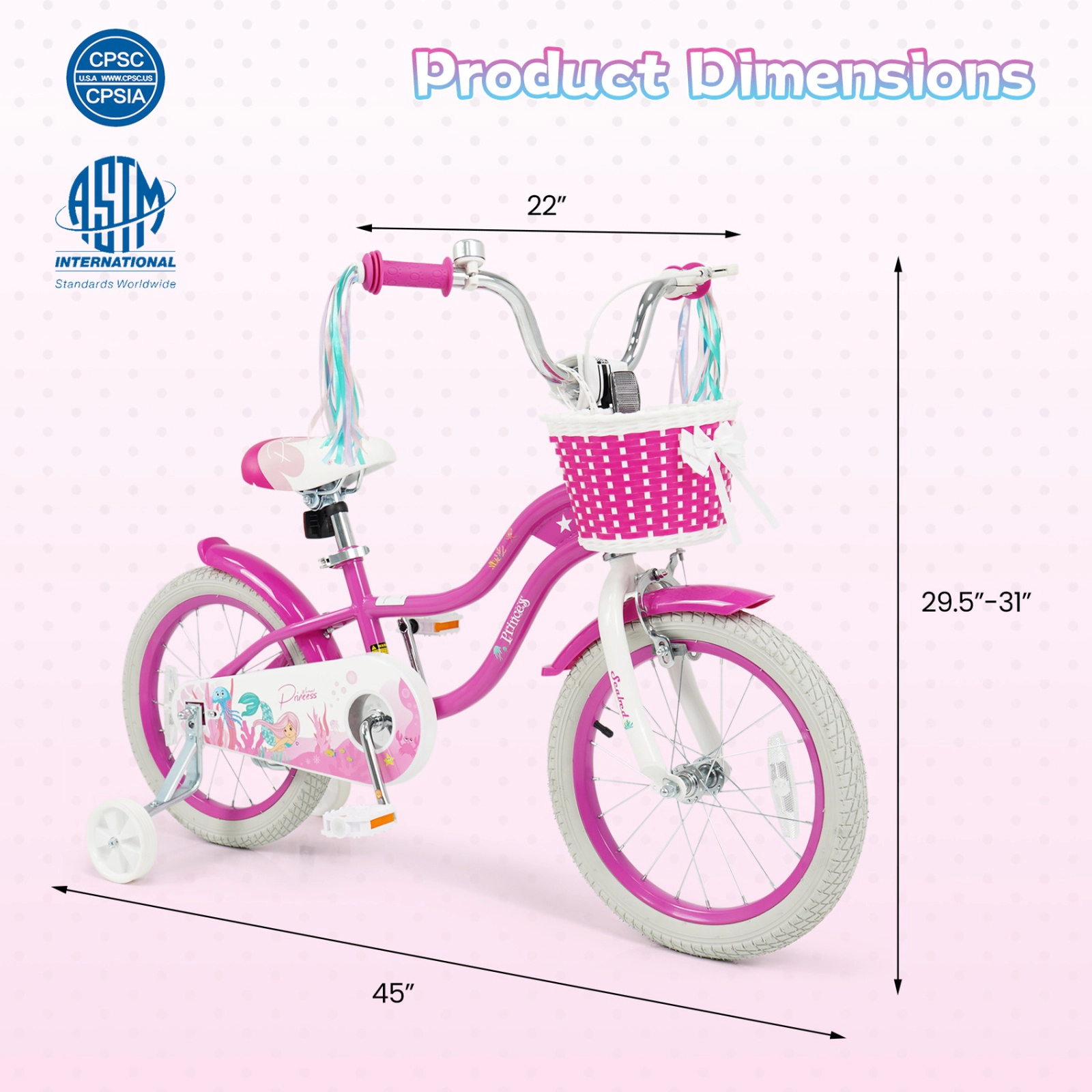 SUGIFT Princess of the Sea 16-Inch Kids Bike with Basket and Streamers 110-lb Capacity Ages 4-7 Rose Red