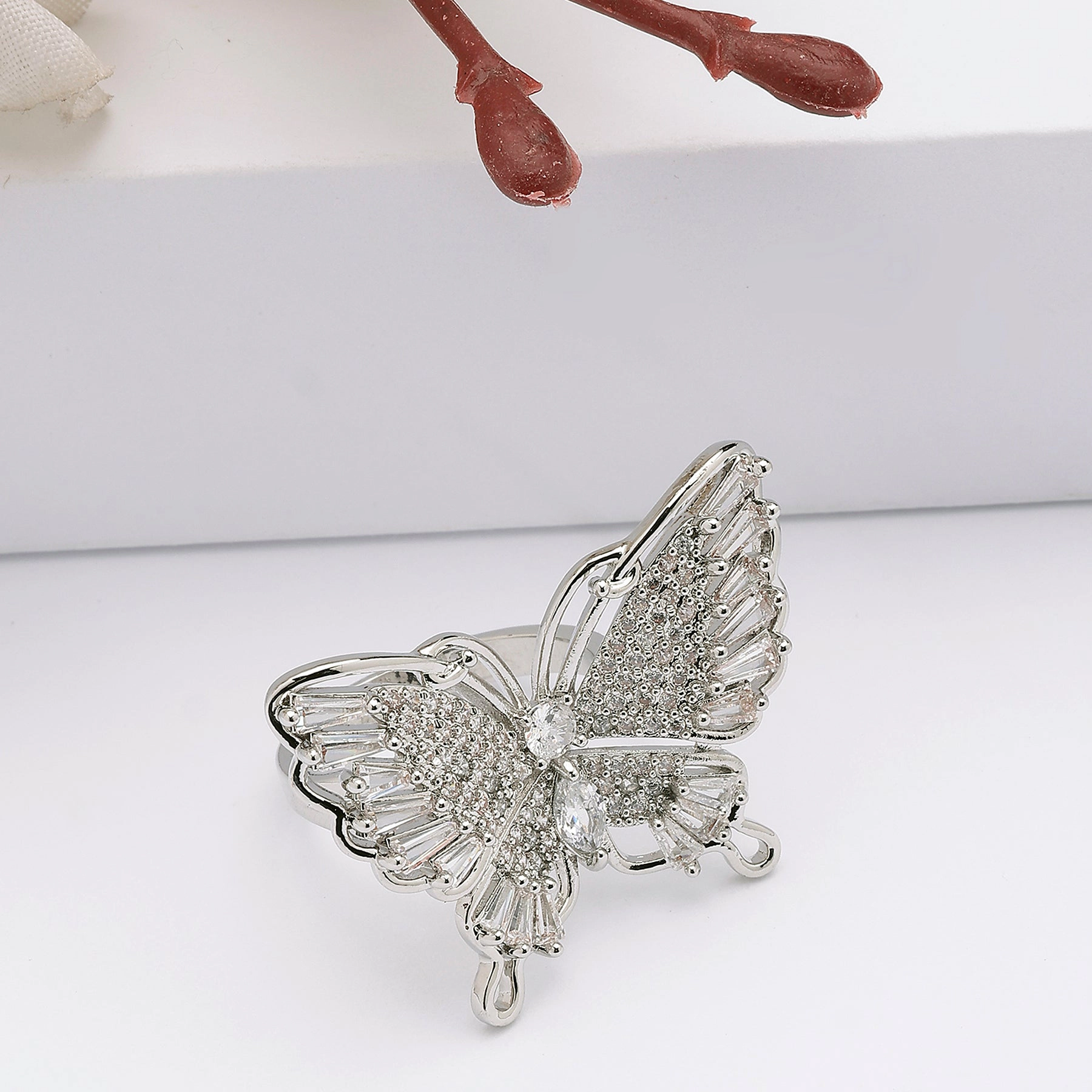 AGP Paris Women's Silver-Tone Wide Wing Butterfly Adjustable Ring