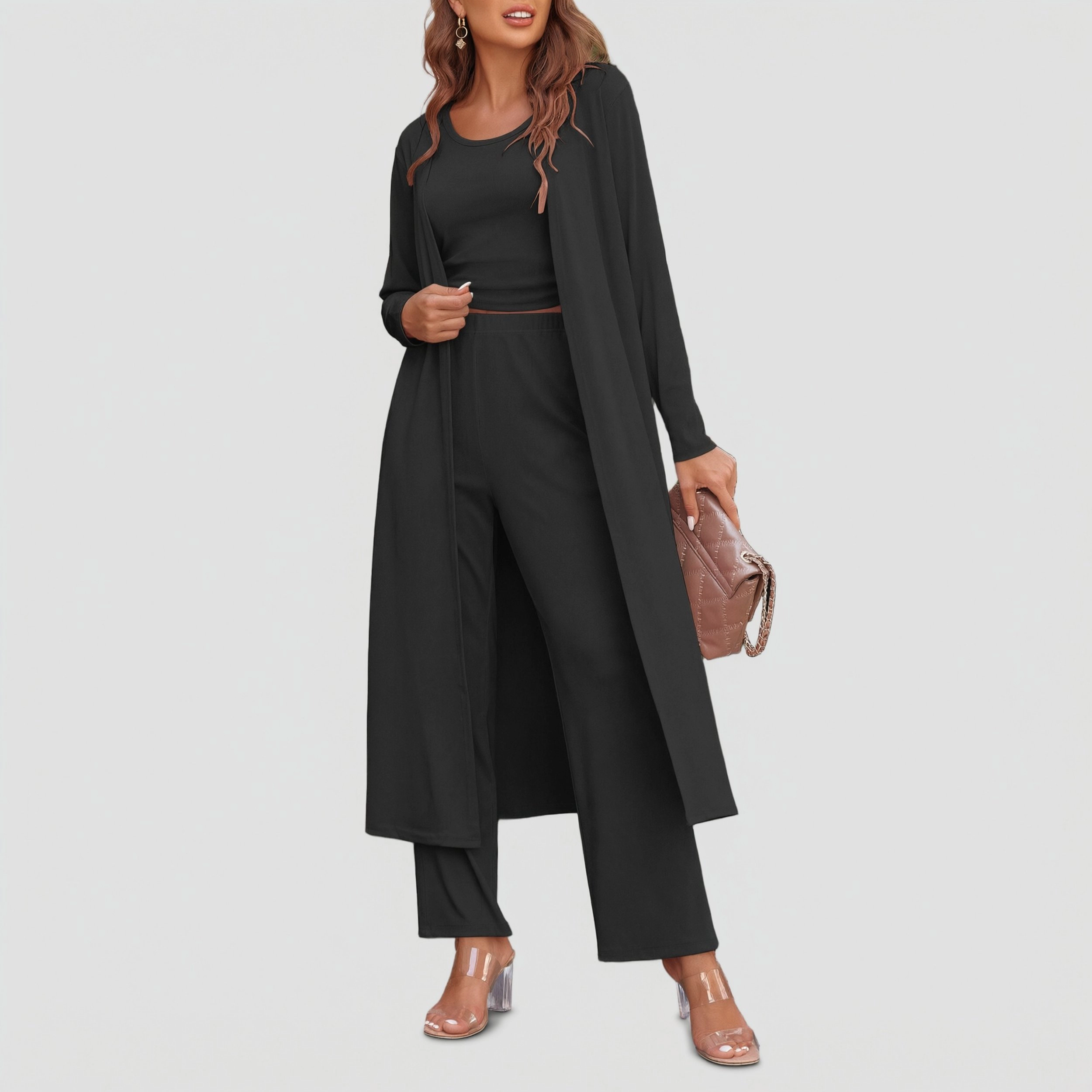 Ekouaer Women's 3 Piece Knit Lounge Set Pajama Long Sleeve Cardigan Sleeveless Top Pants