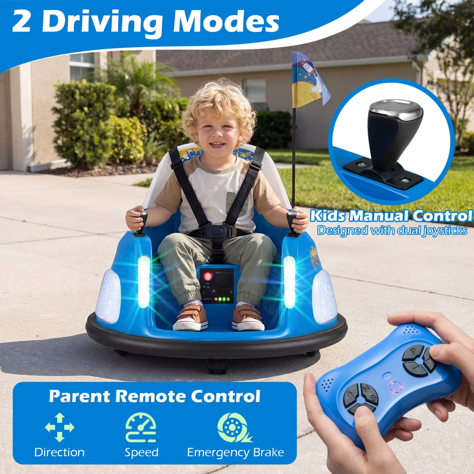 SUGIFT 12V Kids Ride On Bumper Car with Remote Control and Flashing Lights 55-lb Capacity Ages 18-72 Months Blue