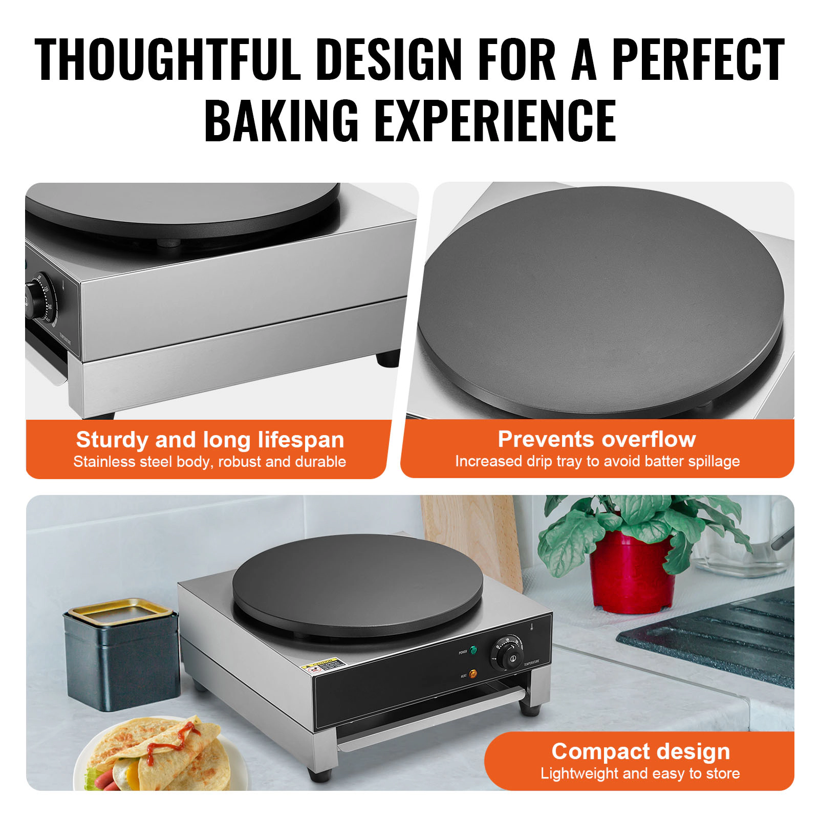 HONGGE Electric Crepe Maker, 16-Inch Commercial Machine, Flat Plate Griddle, Nonstick Stainless Steel