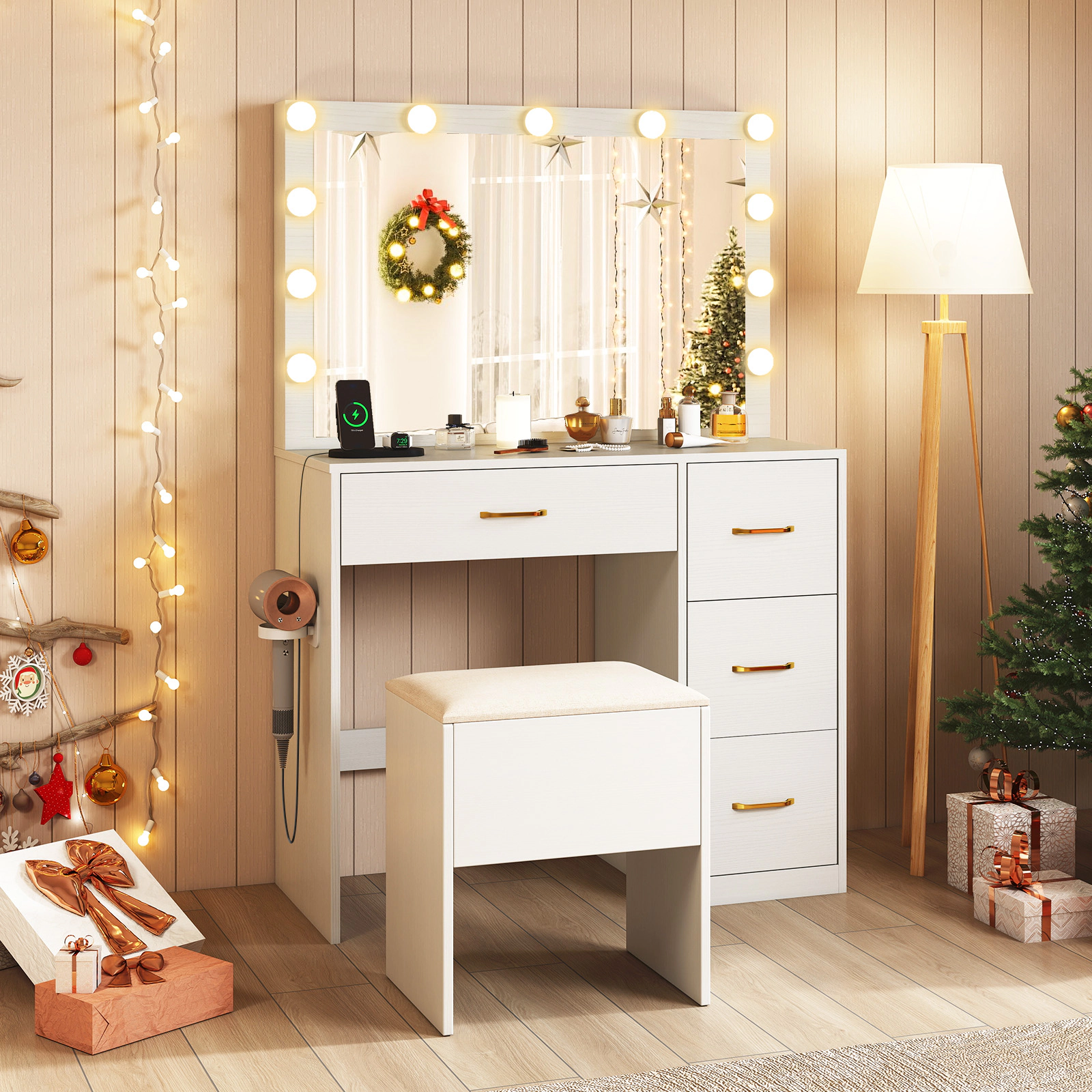 SUGIFT Vanity Desk White with Lighted Mirror Stool Power Outlets and 2 Drawers