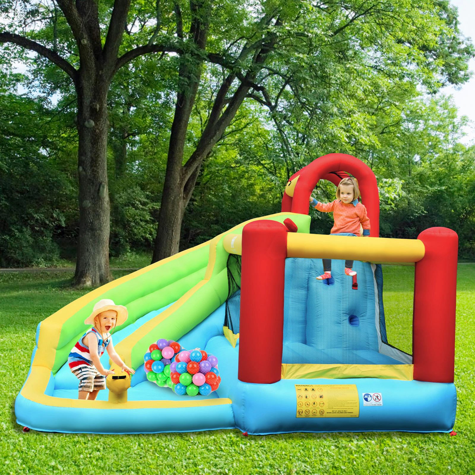 SUGIFT Climbing Wall Basketball Hoop and 550W Blower 6-in-1 Kids Inflatable Bounce House