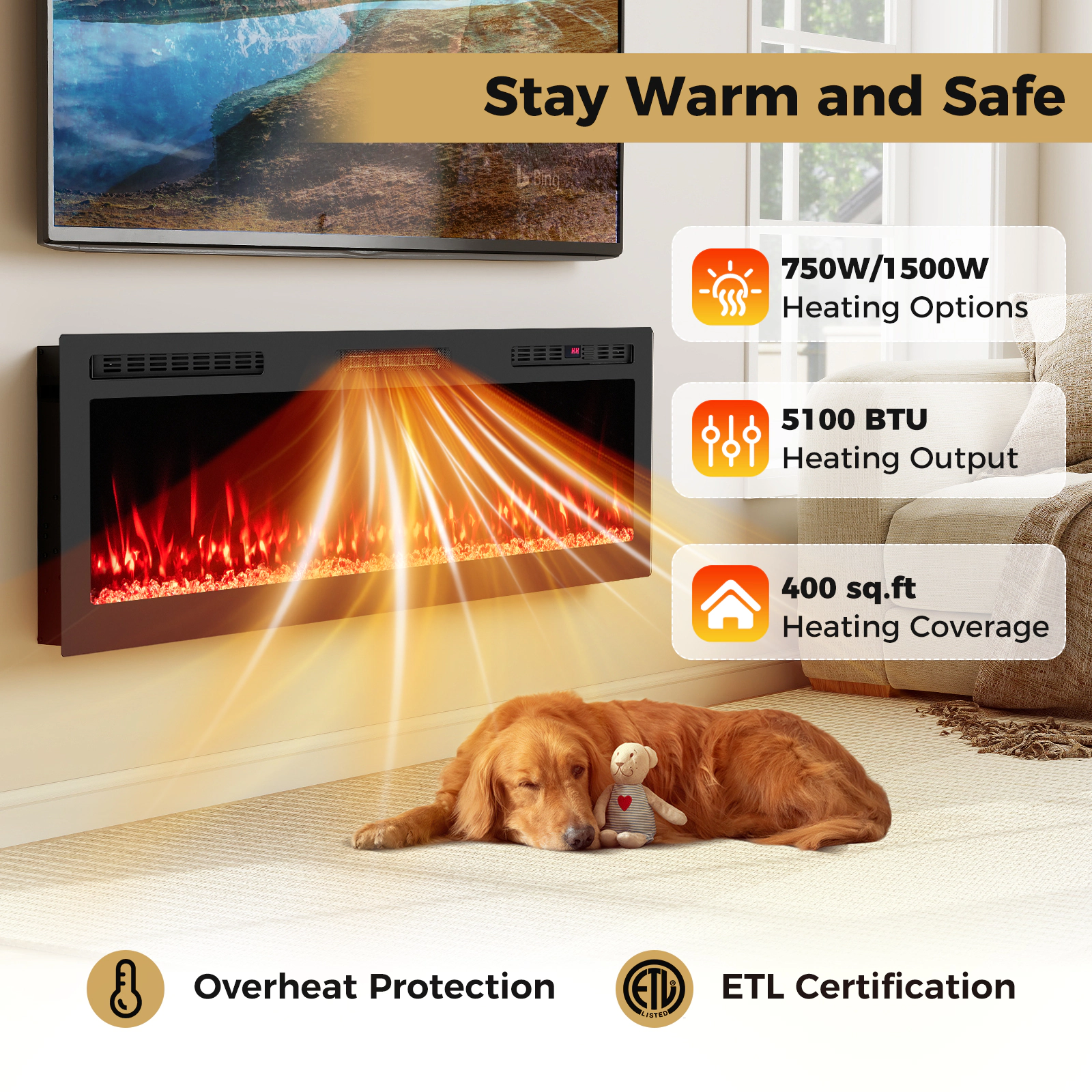 SUGIFT 60-in Smart App Control 12 Flame Colors Recessed Electric Fireplace 60-in x 3.94-in x 18.11-in 1500W Black