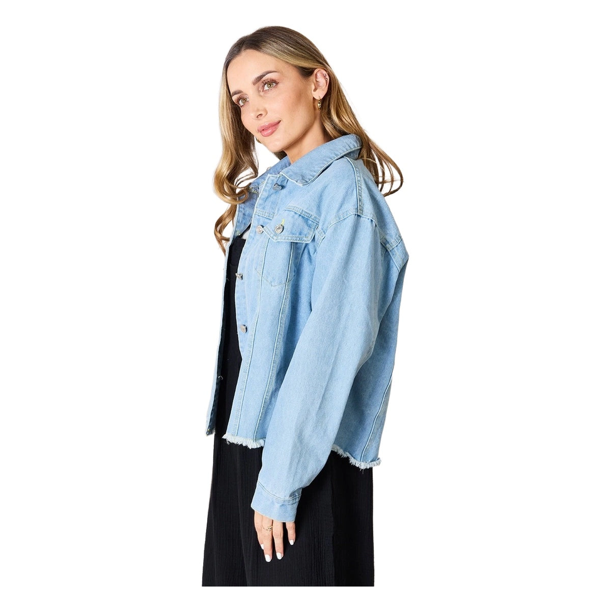 Sol Living Womens Double Take Dropped Shoulder Raw Hem Denim Jacket