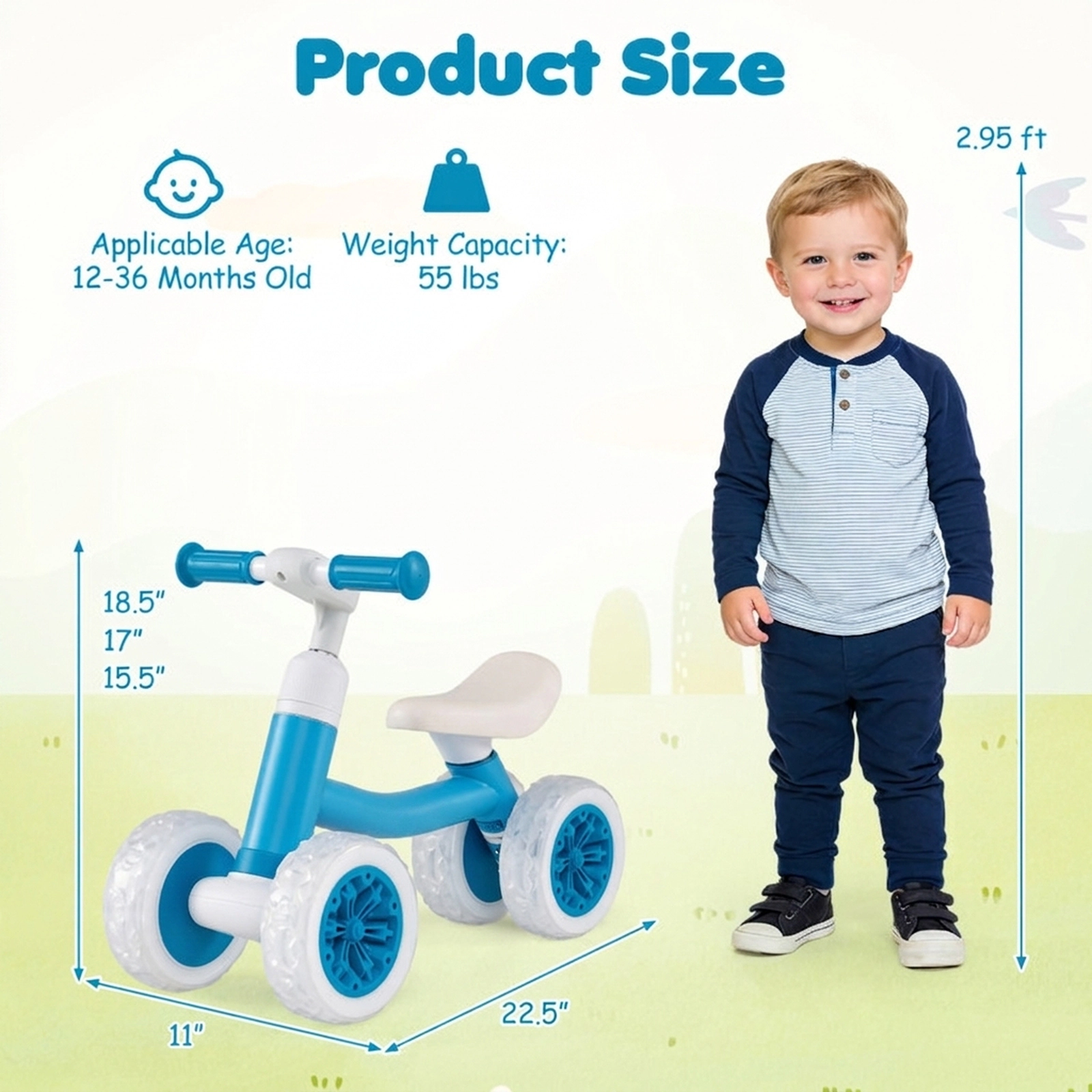 SUGIFT Baby Balance Bike with Adjustable Handlebar and Seat 55-lb Capacity Ages 12-36 Months Blue Bicycle