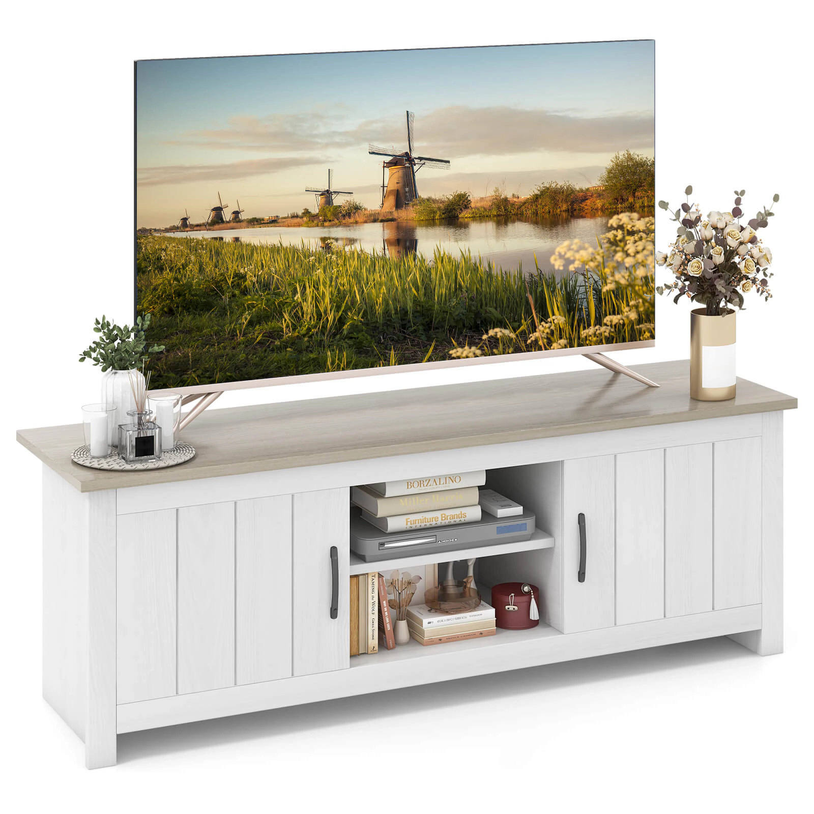 SUGIFT 57-In TV Stand, Natural Woodgrain Top, White Cabinet, Fits TVs Up to 65 Inches
