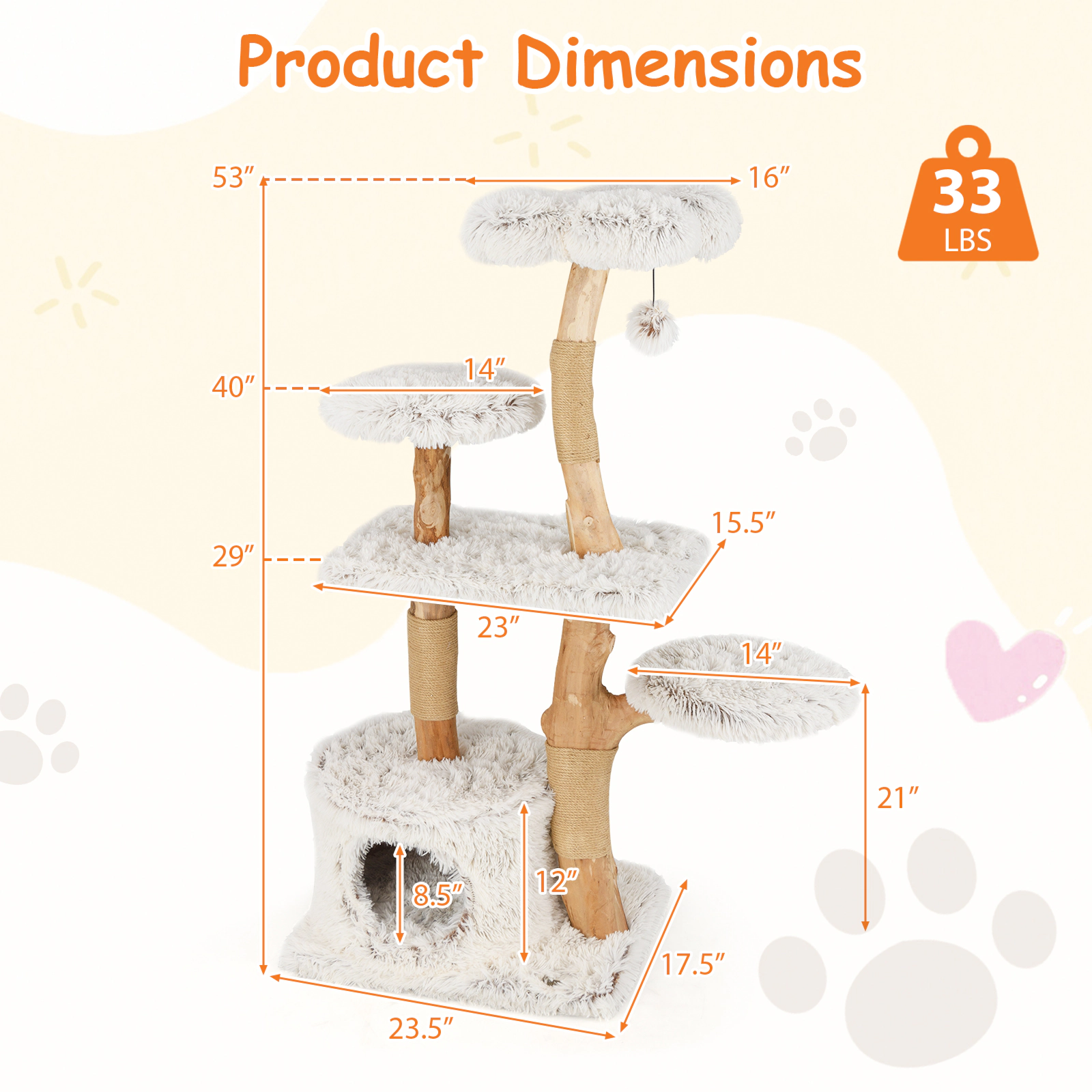 Glintex 53-Inch Pear Wood Branch Cat Tower with Flower Perch and Jute Posts, White