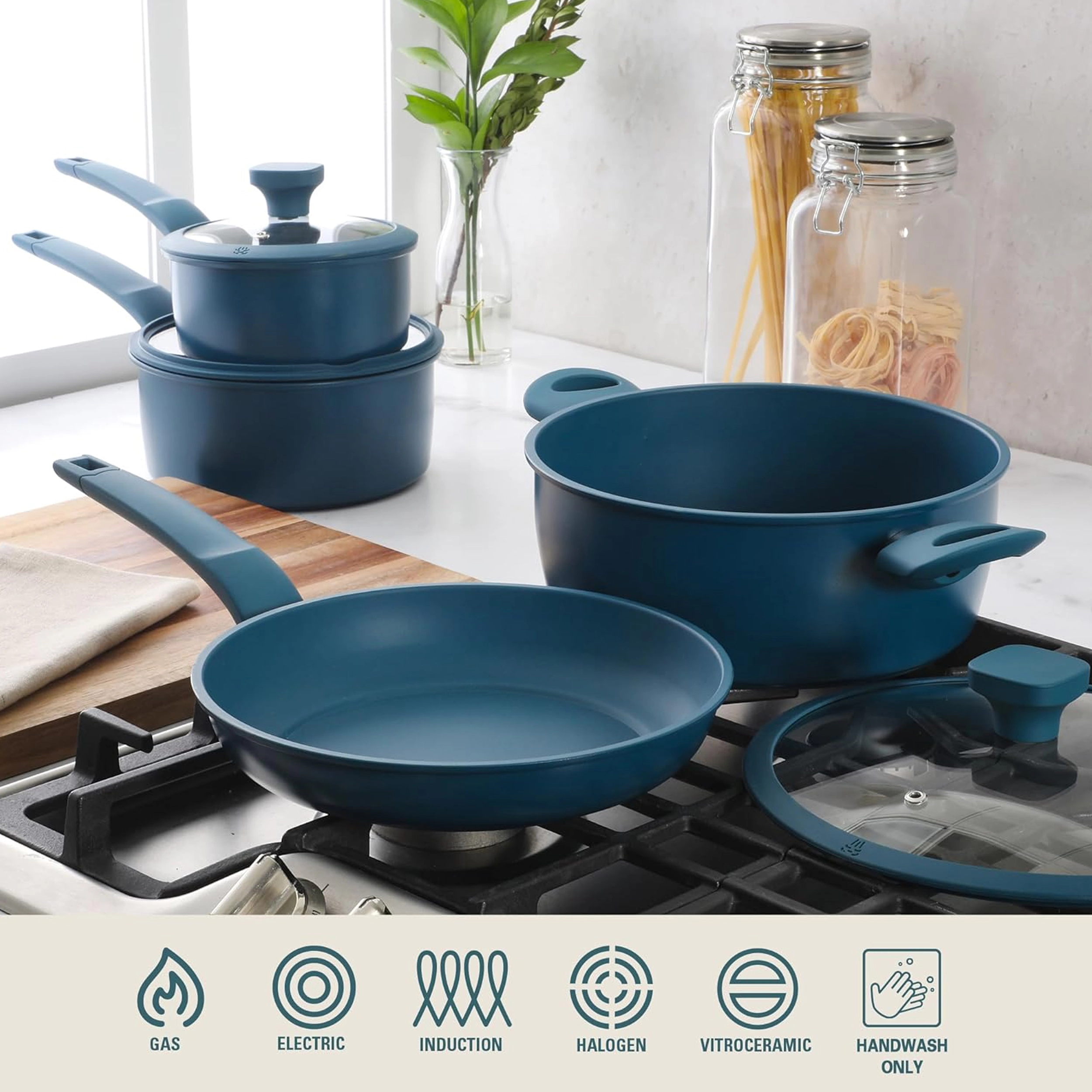 Gibson Home Helensburgh 7 Piece Nonstick Carbon Steel Cookware Set in Blue