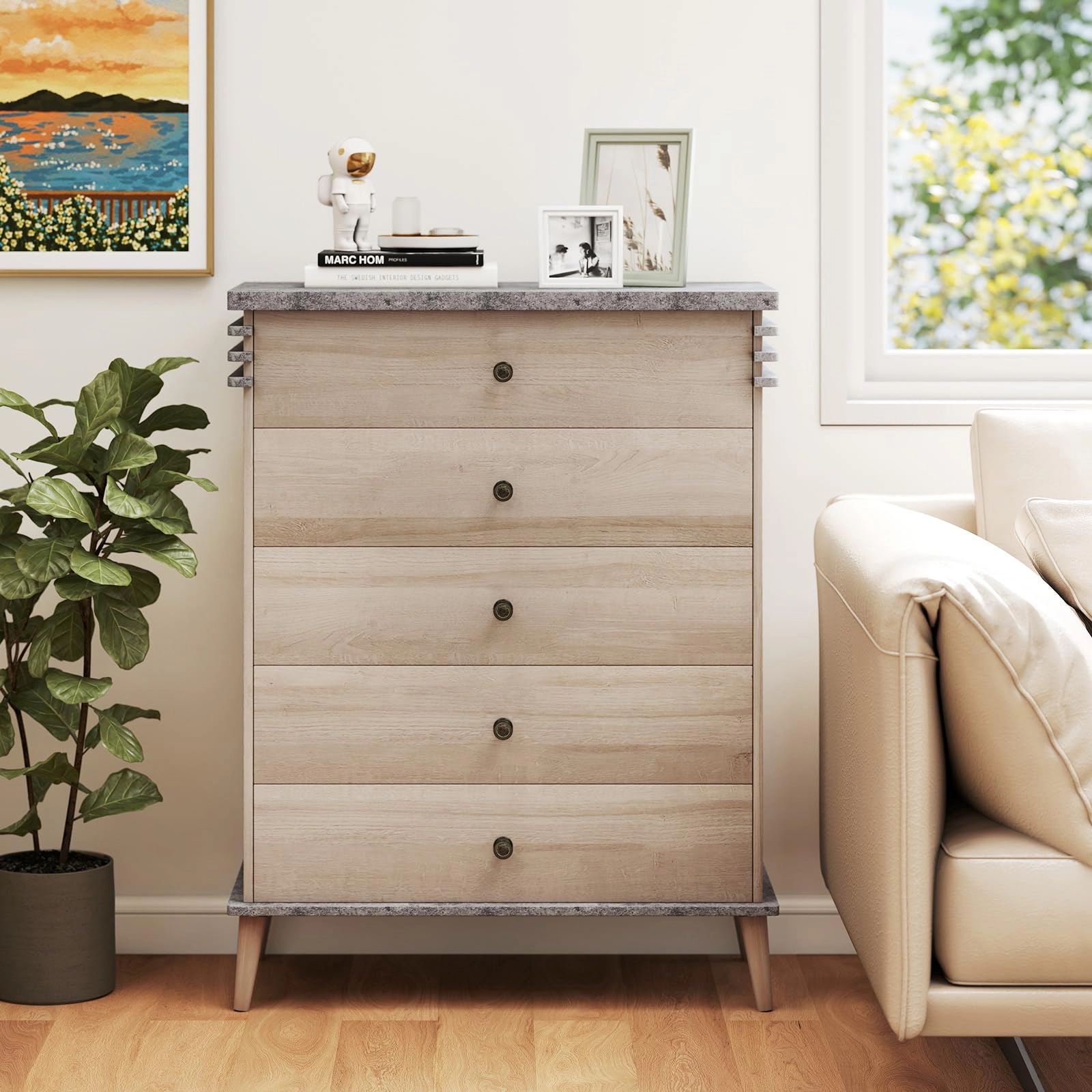 Glintex Farmhouse 45-Inch Tall 5-Drawer Dresser with Interlock System, Antique Gray & Natural