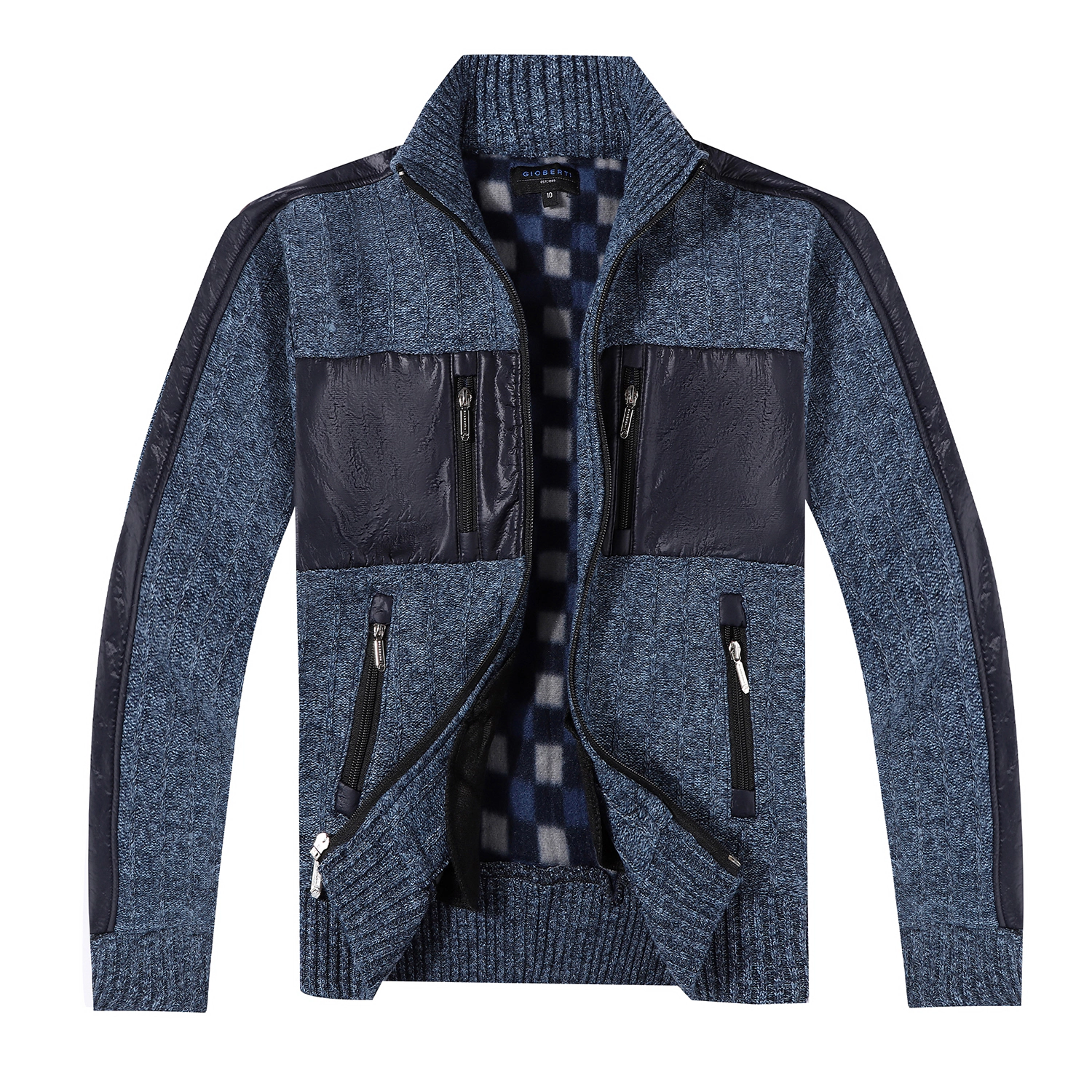 Gioberti Boy's Full Zip Cardigan Patch Design Sweater with Brushed Flannel Lining