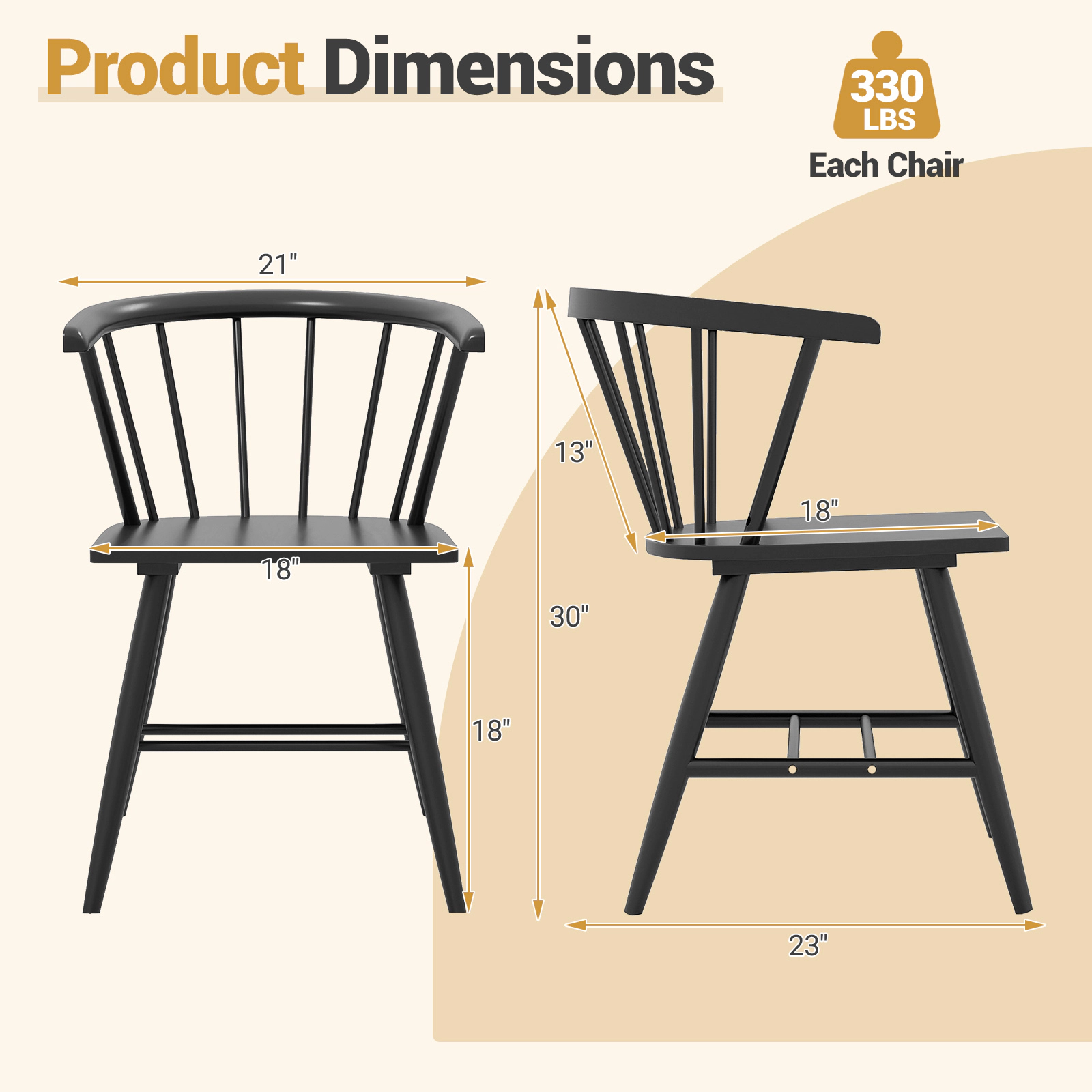 LJG Windsor Dining Chair Set of 2 Mid-Century Modern Black Kitchen Chairs