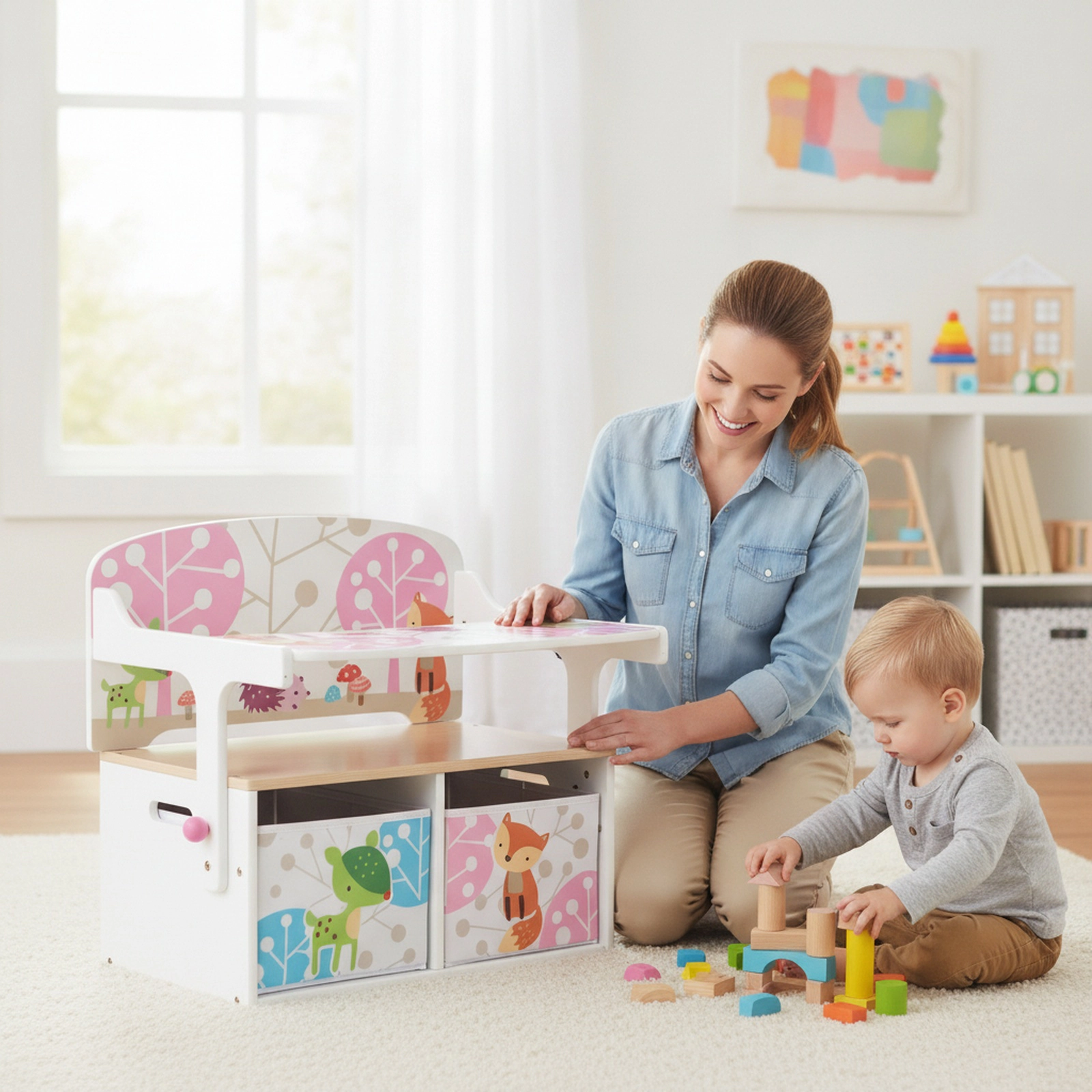 SUGIFT 3-in-1 Kids Convertible Storage Bench, White, Table and Chair Set, 2 Fabric Bins