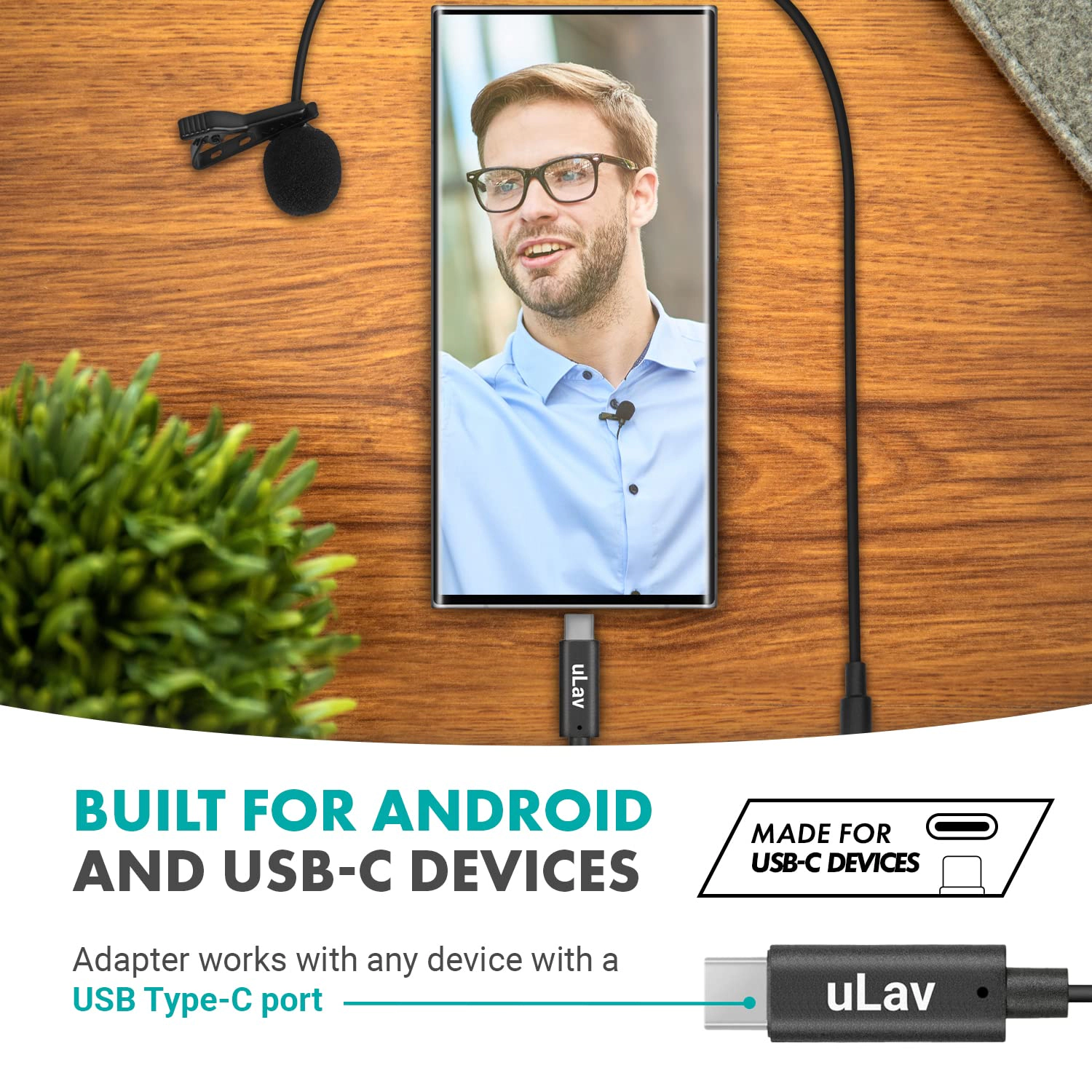 Movo uLav - Wired Omnidirectional USB-C Lavalier Clip On Microphone