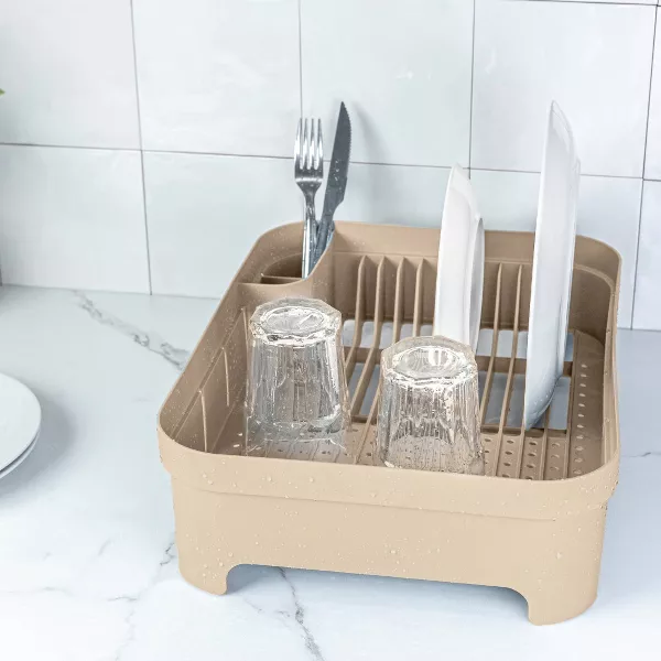 OU Dish Drying Rack for Kitchen Counter, Freestanding Plastic Strainer with Utensil Holder, Compact Drain