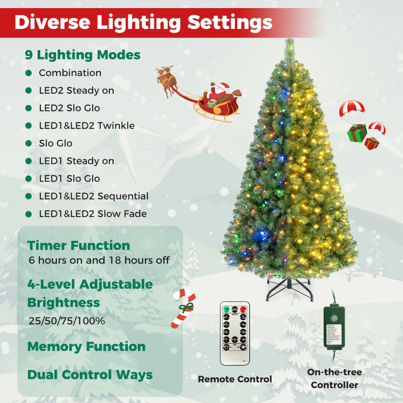 SUGIFT 8-ft Green Pre-Lit Artificial Christmas Tree with 600 LED Lights 4 Brightness Levels and 1605 Tips