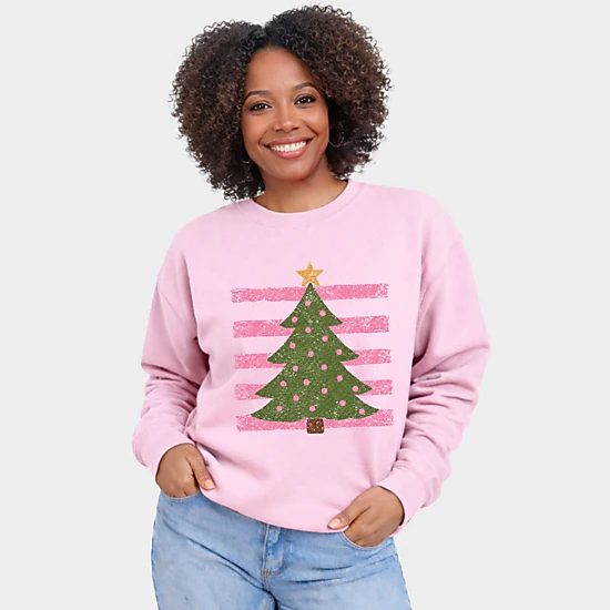 Simply Sage Market - Women's Graphic Sweatshirt - Christmas Tree Pink Stripes