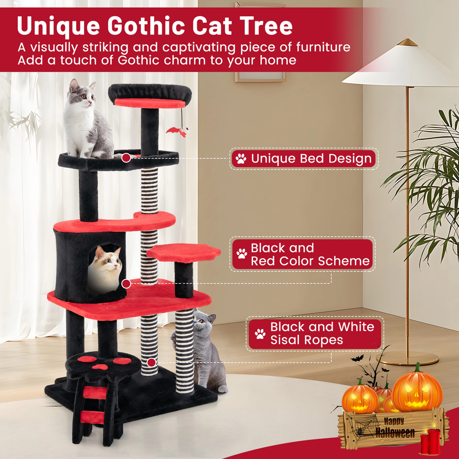SUGIFT Black and Red 52 in Gothic Cat Tree with Cat Bed Condo and Sisal Post