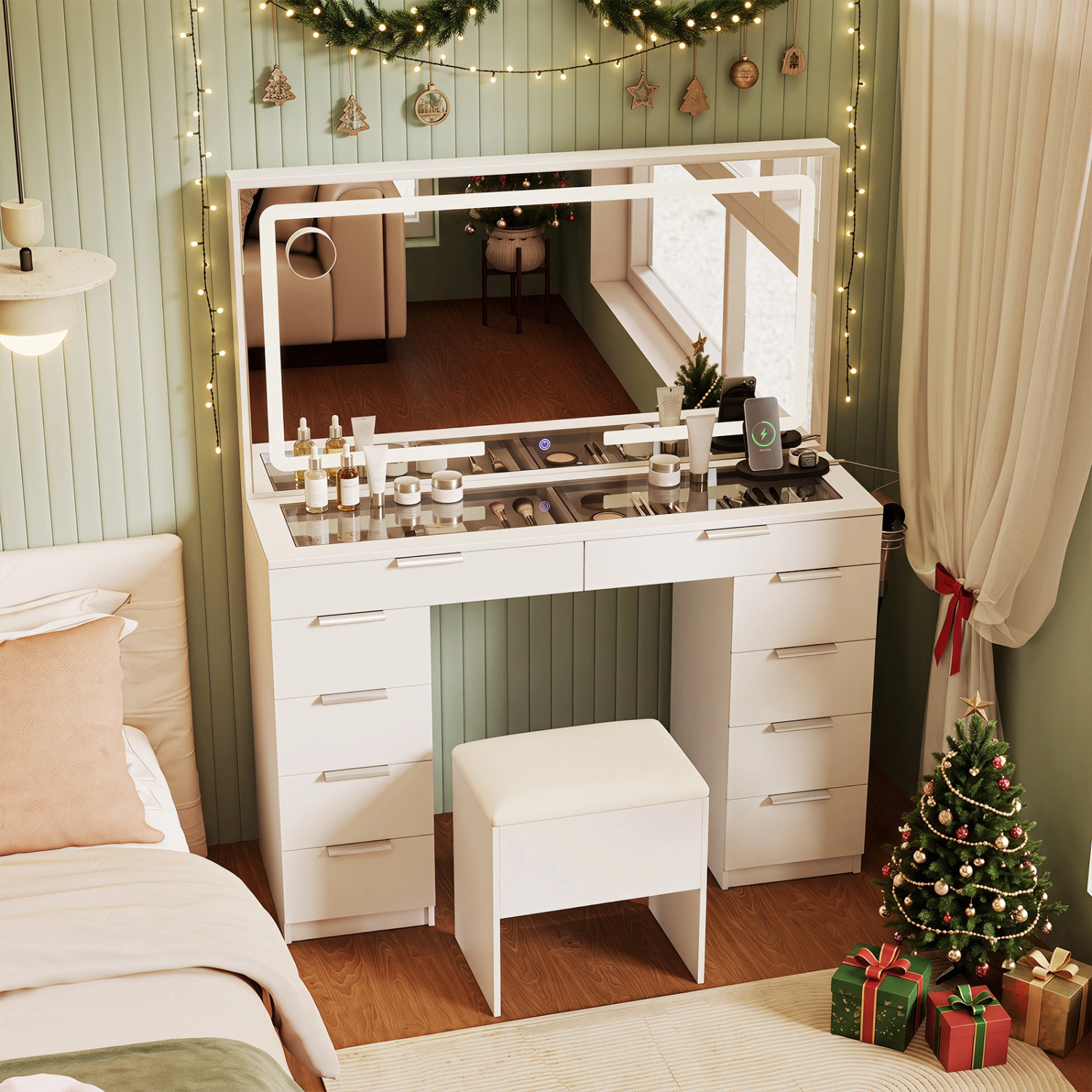 LJG Vanity Desk with Mirror & Lights and Stool with Charging Station for Makeup