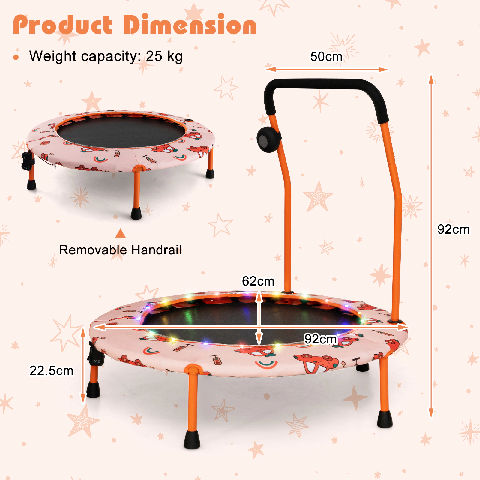 36-in Mini Trampoline Kids LED Lights Bluetooth Speaker 20 Bungee Cord Silent Bounce Foam Handle Orange Rebounder