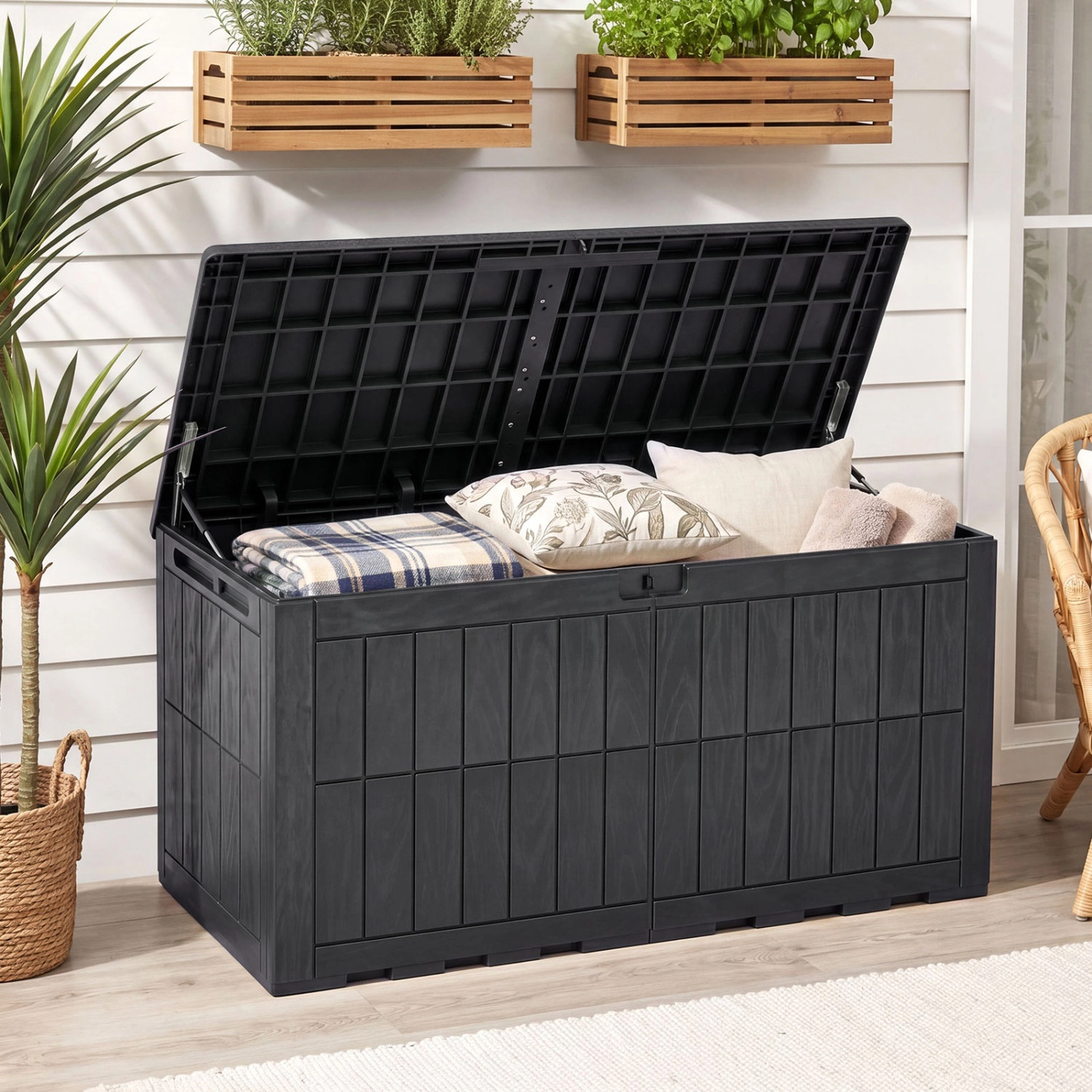SUGIFT 120 Gal Outdoor Deck Storage Box with Lid and Handles 540-lb Seating Capacity Black