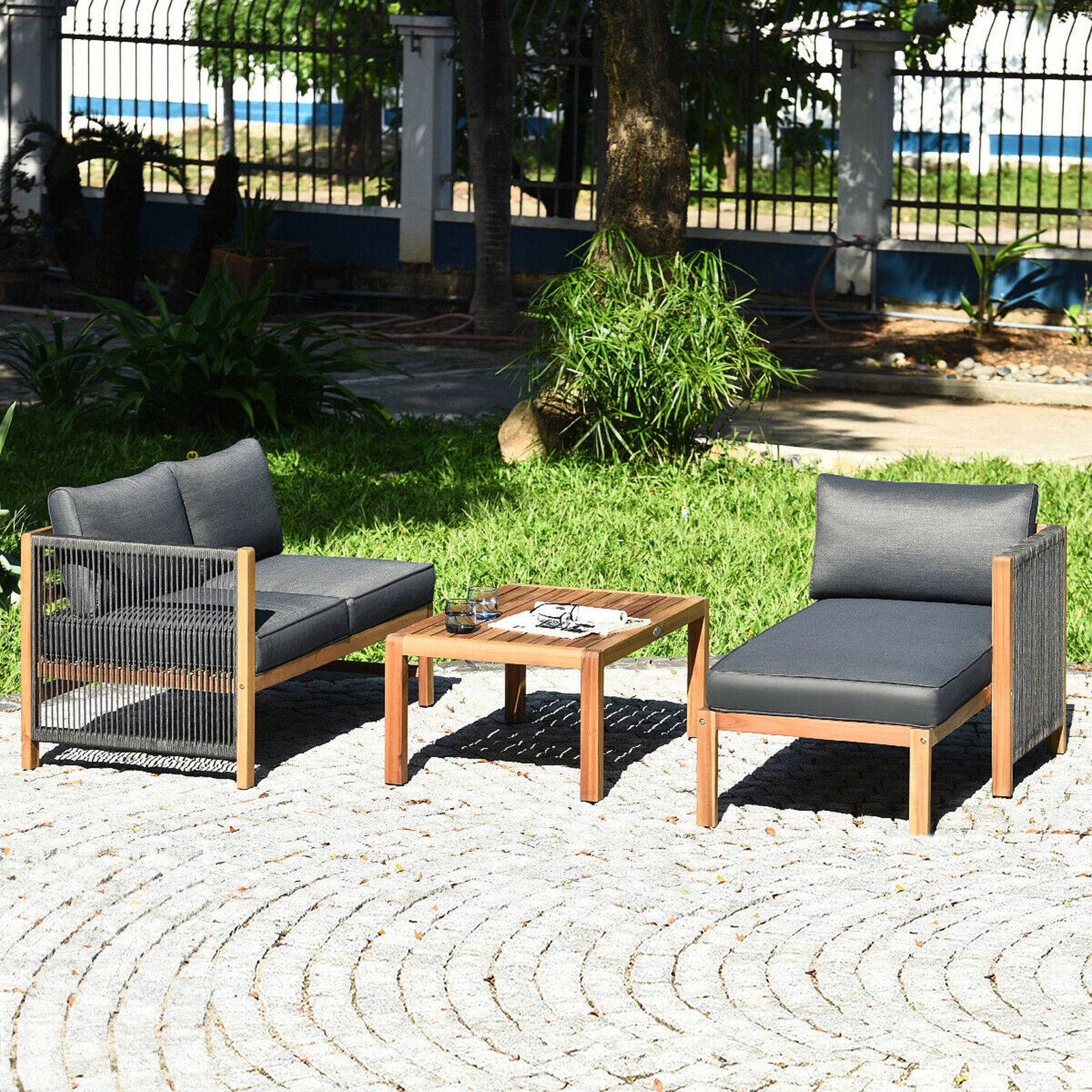 SUGIFT Chaise Lounge and Coffee Table 3-Piece Acacia Wood Patio Sofa Set