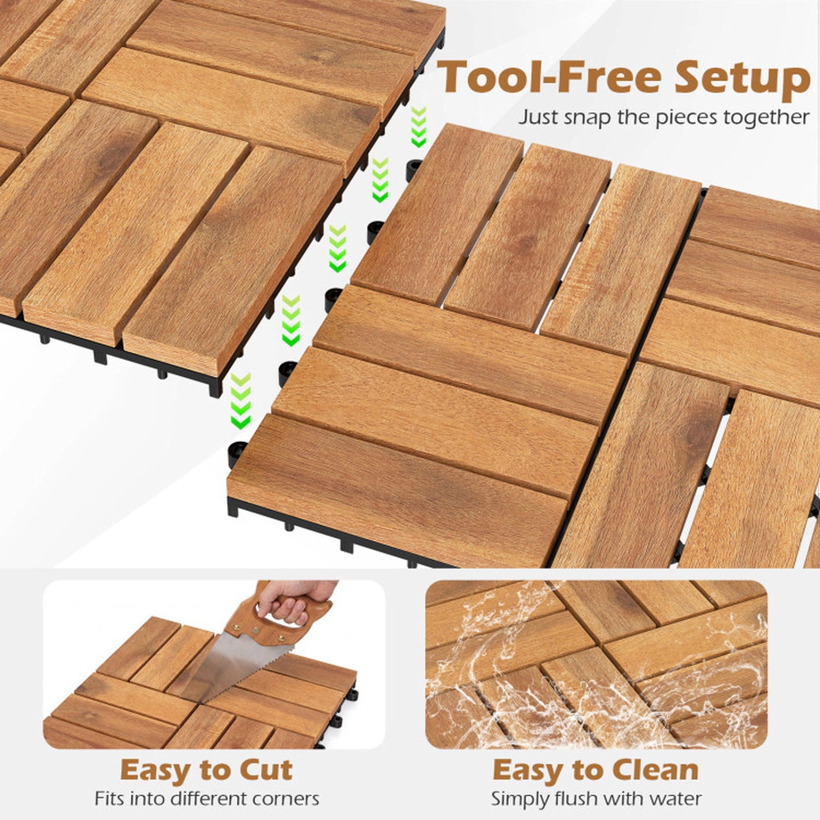 SUGIFT 54-Piece 12-in Natural Acacia Wood Interlocking Deck Tiles with Waterproof Diamond PP Base