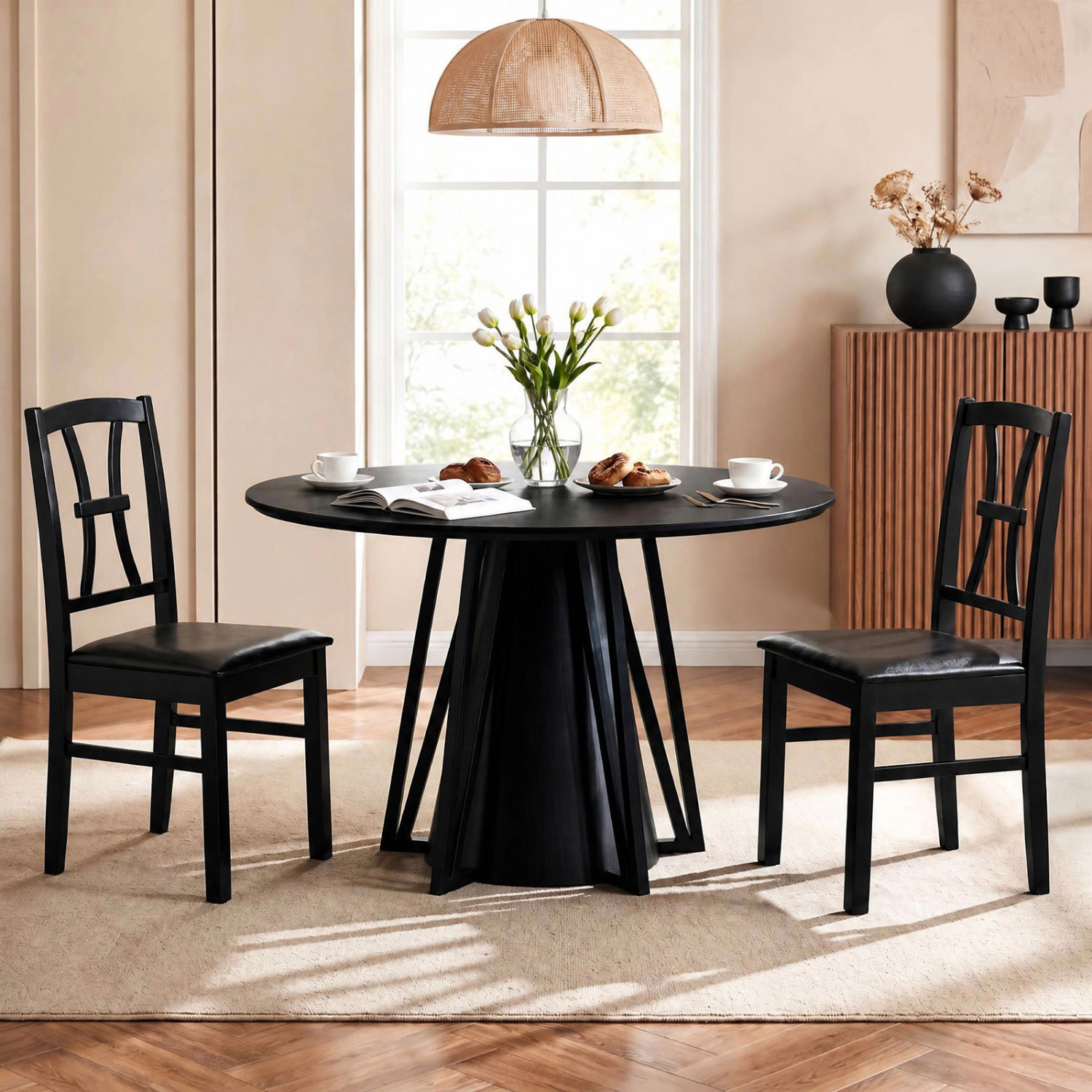 LJG Wooden Dining Chairs Set of 2 with Faux Leather Padded Seat for Kitchen