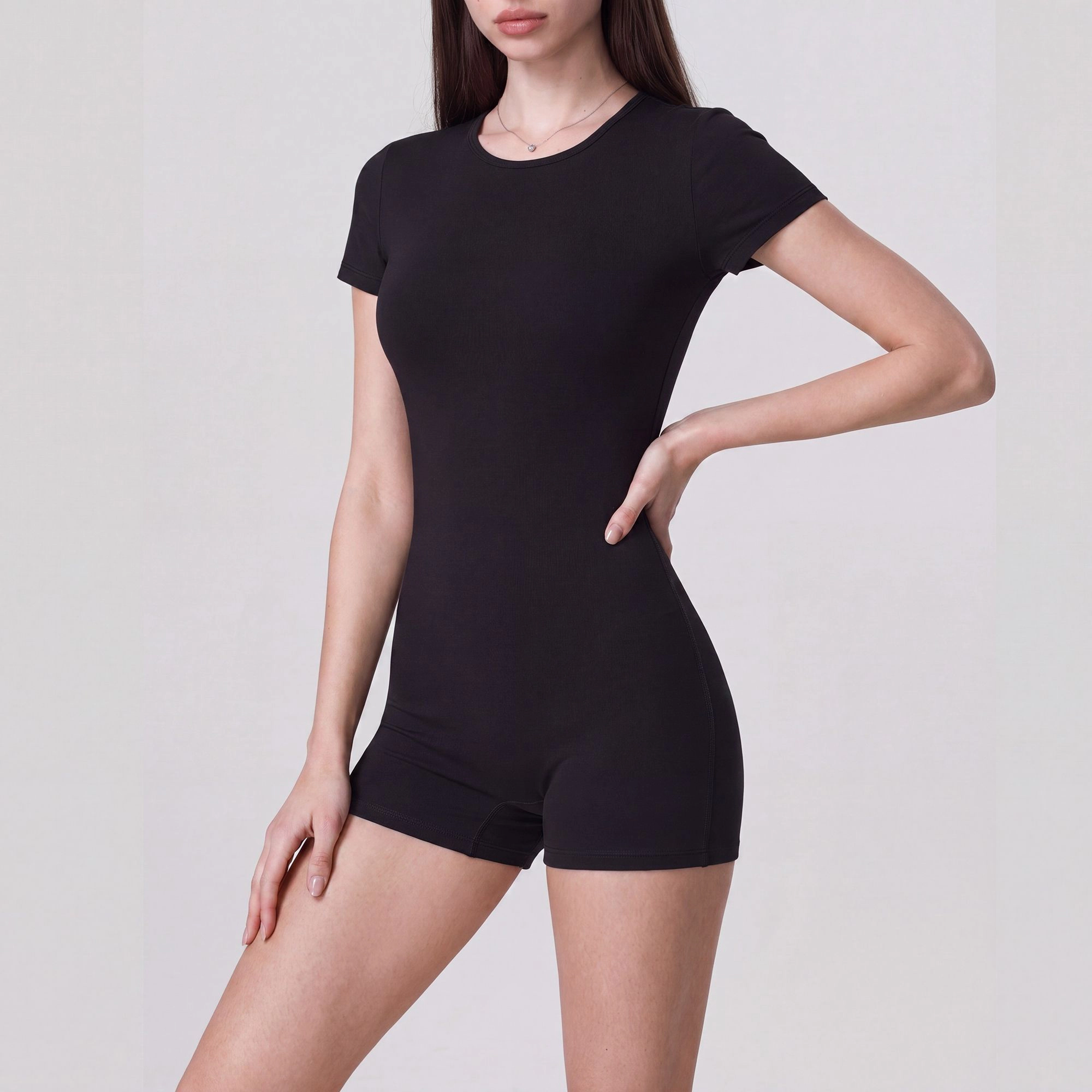 Anna-Kaci Women's Short Sleeve One-Piece Active Romper with Crew Neck Built-In Padding Fitted Shorts and Stretch Fabric