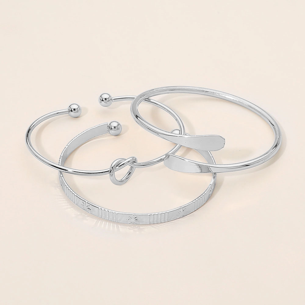 FASHNZFAB 3PCS - Silver Dipped Minimalist Knot Accent Bangle Cuff Multi Layered Bracelets - Rhodium