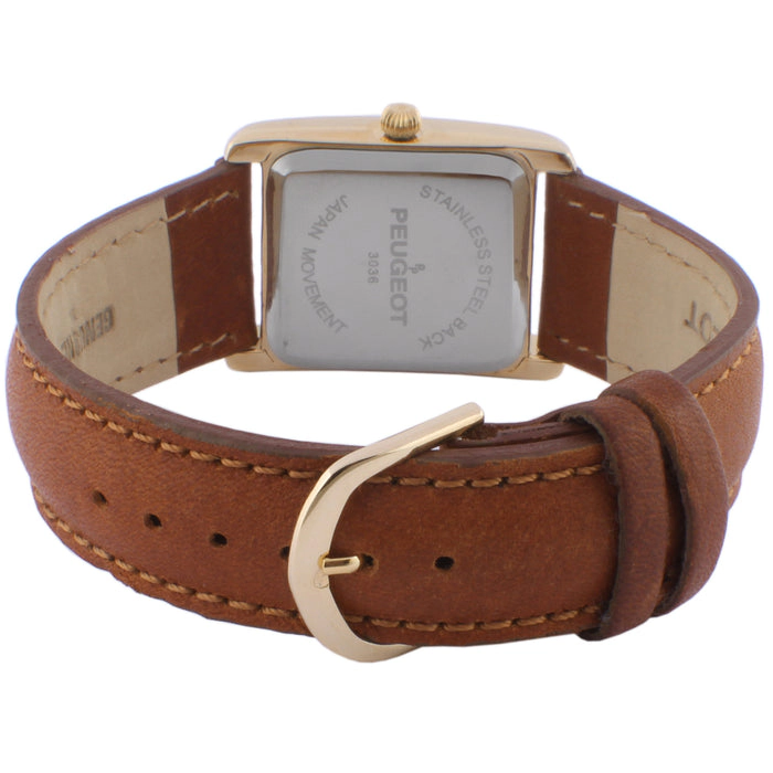 Peugeot Women's Tank Watch Roman Dial Brown Smooth Leather Strap