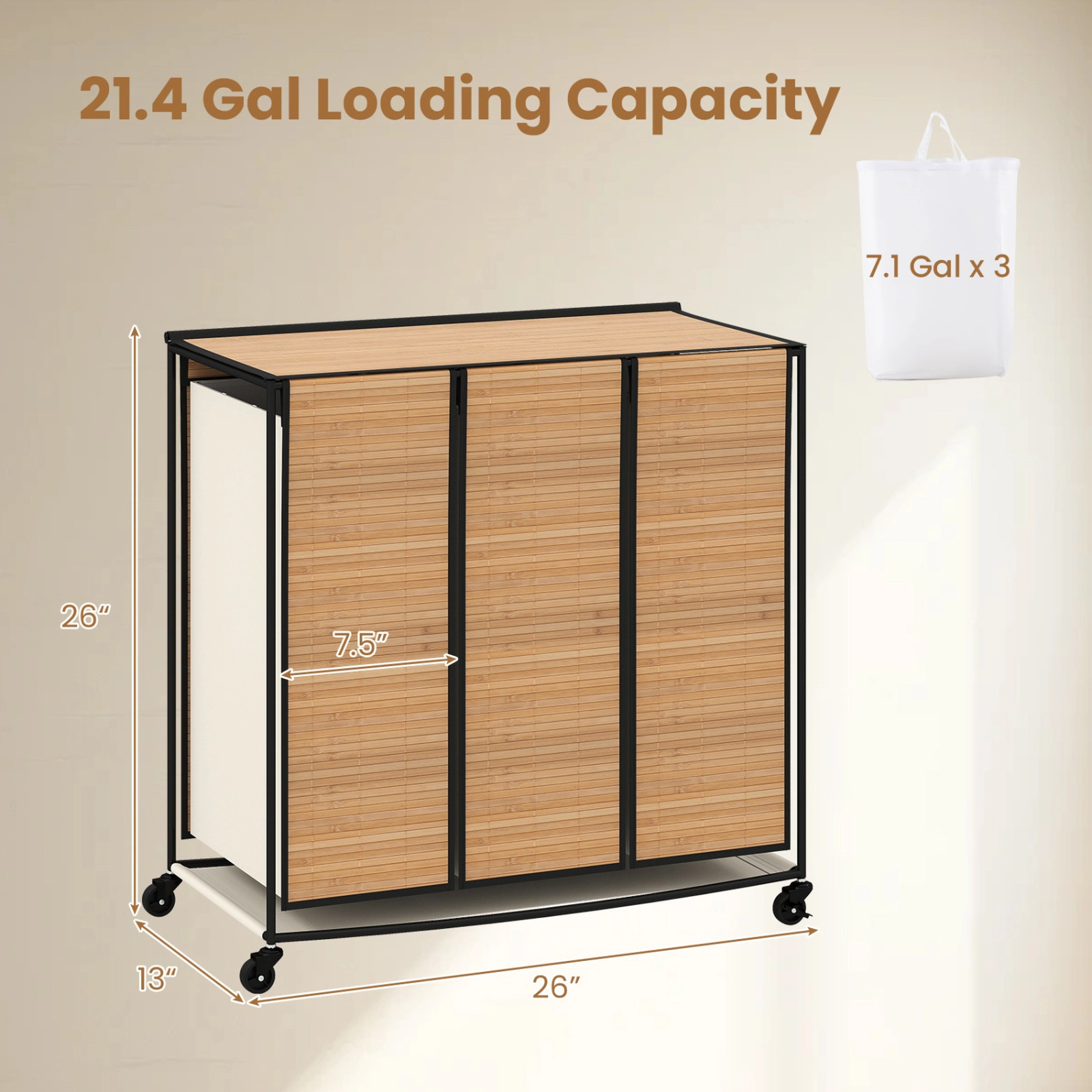 SUGIFT 21.4 Gal 3-Section Bamboo Laundry Hamper Lid 11-lb Per Section Capacity 26-in Tall with 4 Wheels Natural + Black