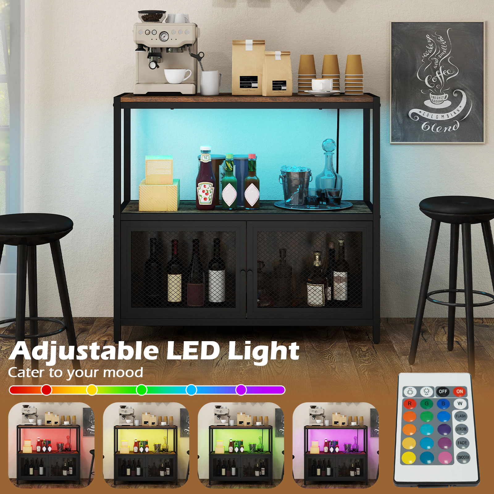 SUGIFT Industrial Coffee Bar Cabinet with LED Lights and Charging Station 110-lb Tabletop Capacity Rustic Brown & Black