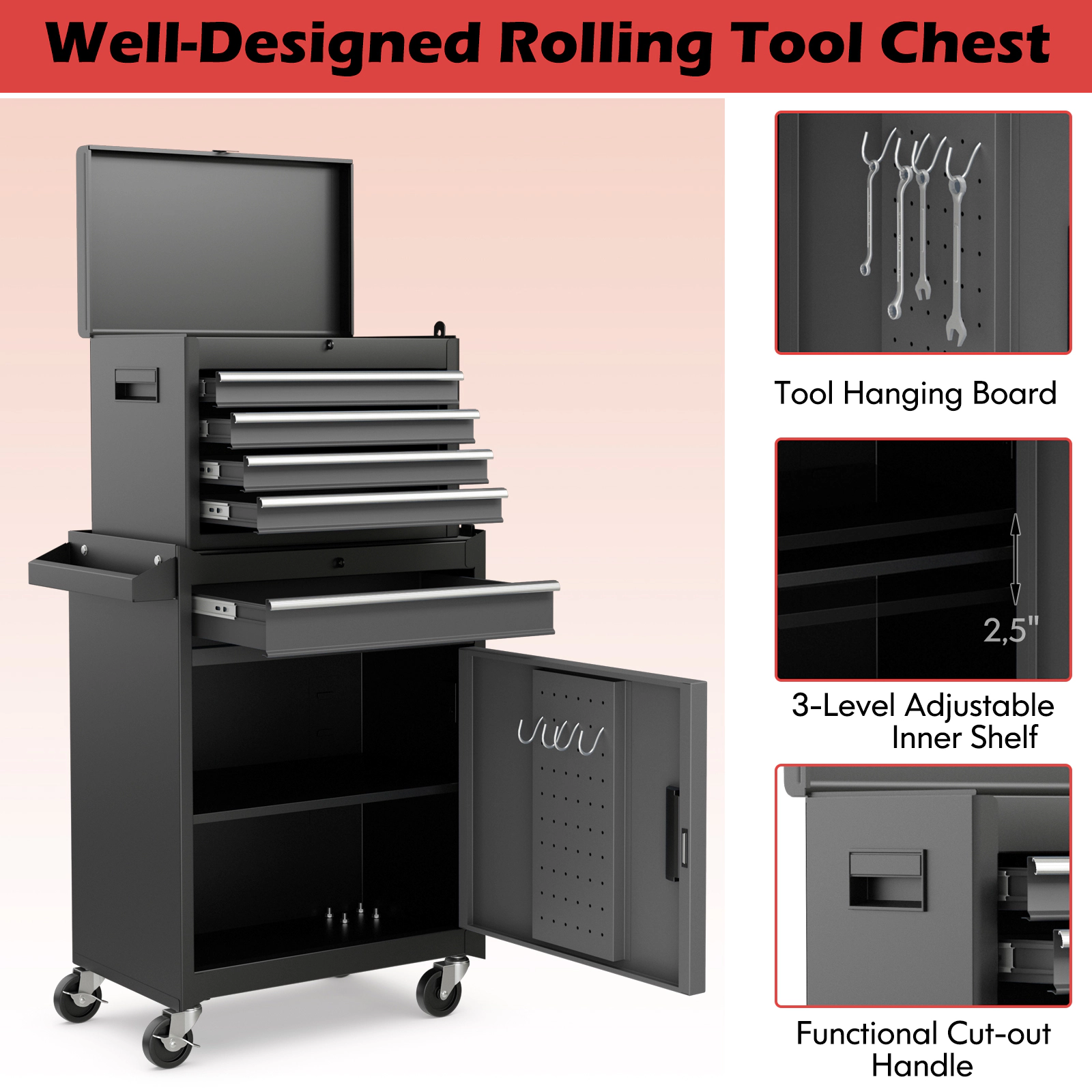 SUGIFT 2-in-1 Rolling Steel Tool Chest with 5 Sliding Lockable Drawers 220.5-lb Total Capacity Black & Gray