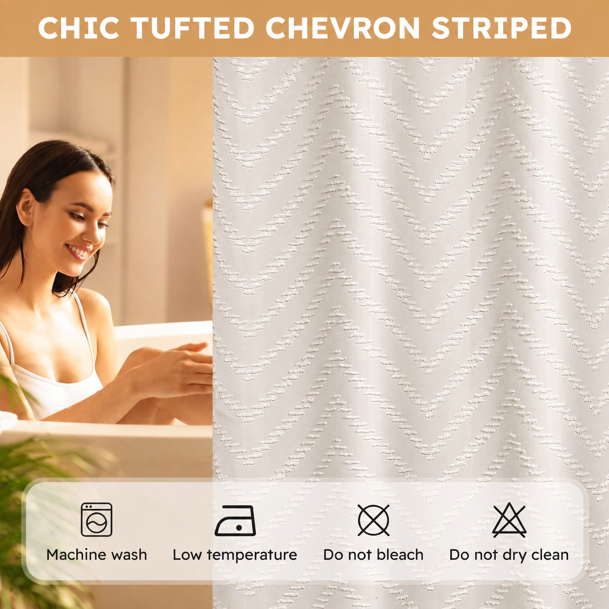 WZK Snap In Liner Ringless No Hook Waterproof Washable Tufted Chevron Shower Curtain Set