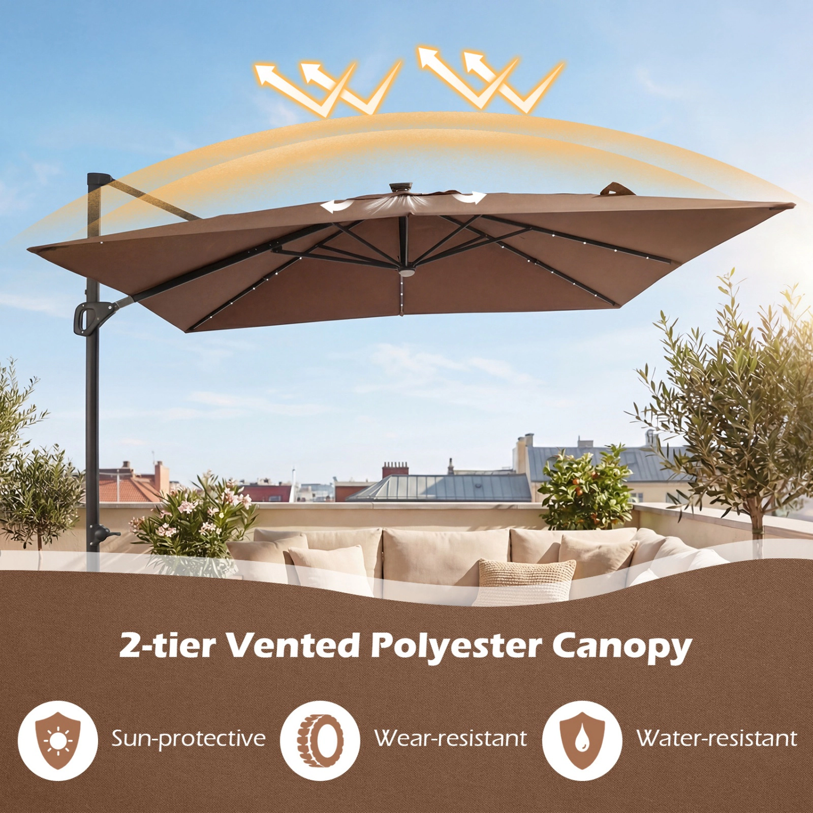 SUGIFT 10-ft Tan Solar LED Offset Cantilever Patio Umbrella with 32 Lights 6 Tilt Positions and 220-lb Base