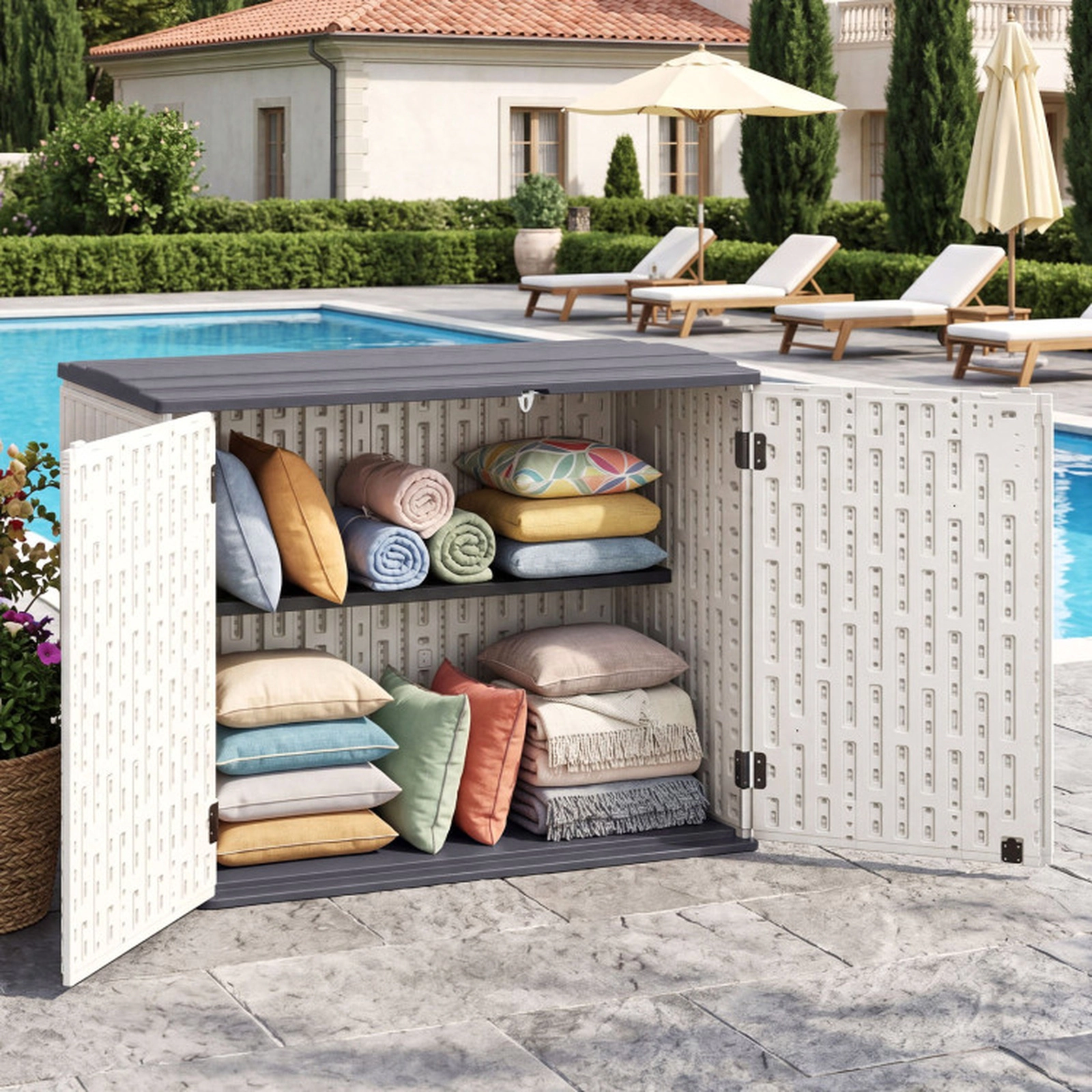 SUGIFT 20-Cu-Ft Lockable 3-Door Resin Horizontal Outdoor Storage Shed 46.5-in x 25-in x 37-in 860-lb Capacity White