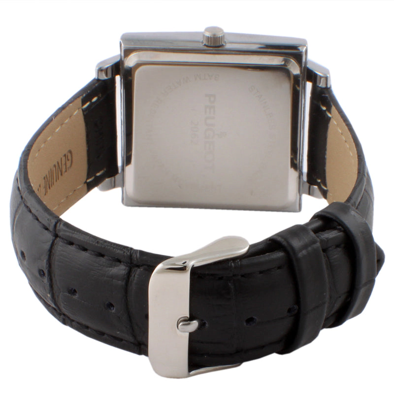 Peugeot Men's 35mm Gray Dial Square Watch with Black leather Strap