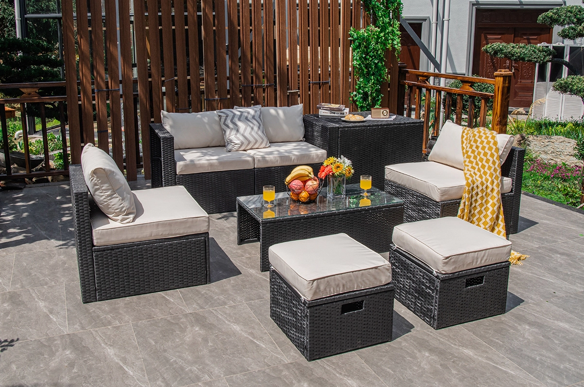 LJG 8 Pieces Patio Rattan Storage Table Furniture Set