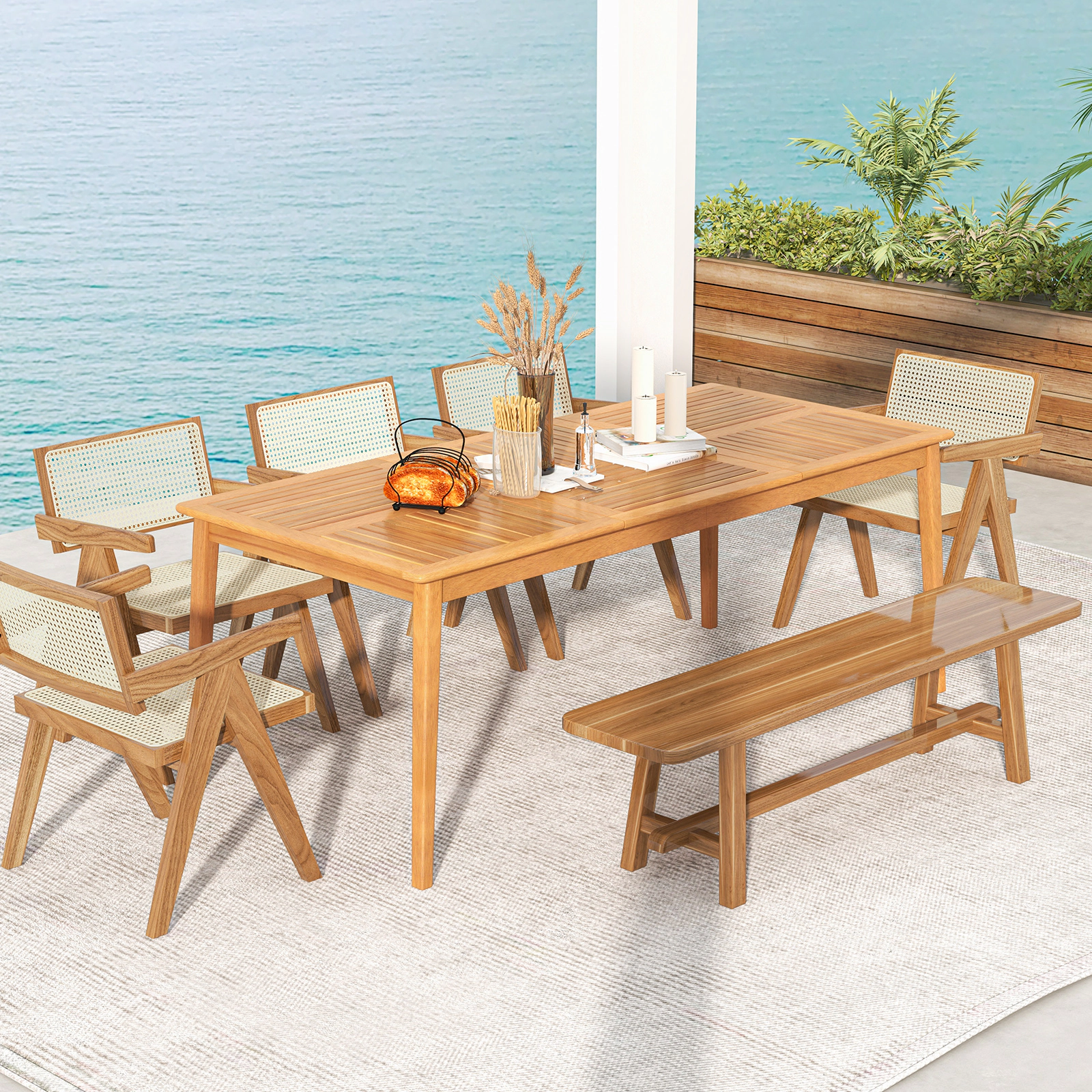 SUGIFT 8-Person Outdoor Acacia Wood Rectangular Dining Table 355-lb Capacity with Umbrella Hole Natural