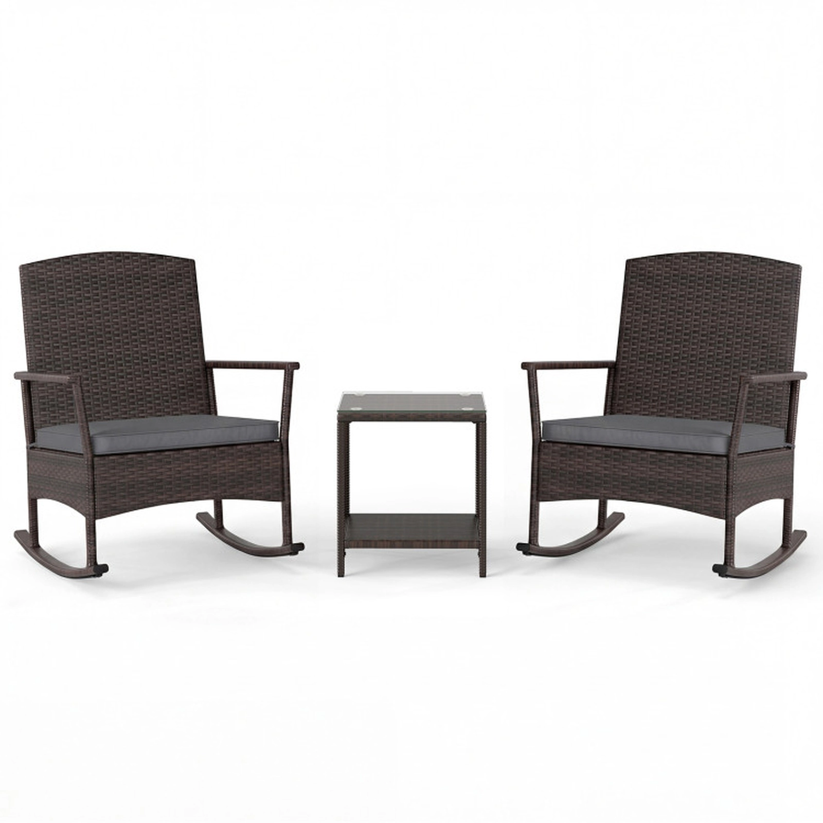 SUGIFT 3-Piece Gray Patio Wicker Rocking Chair Set with 2-Tier Side Table 13.5-in Seat H 400-lb Chair Capacity