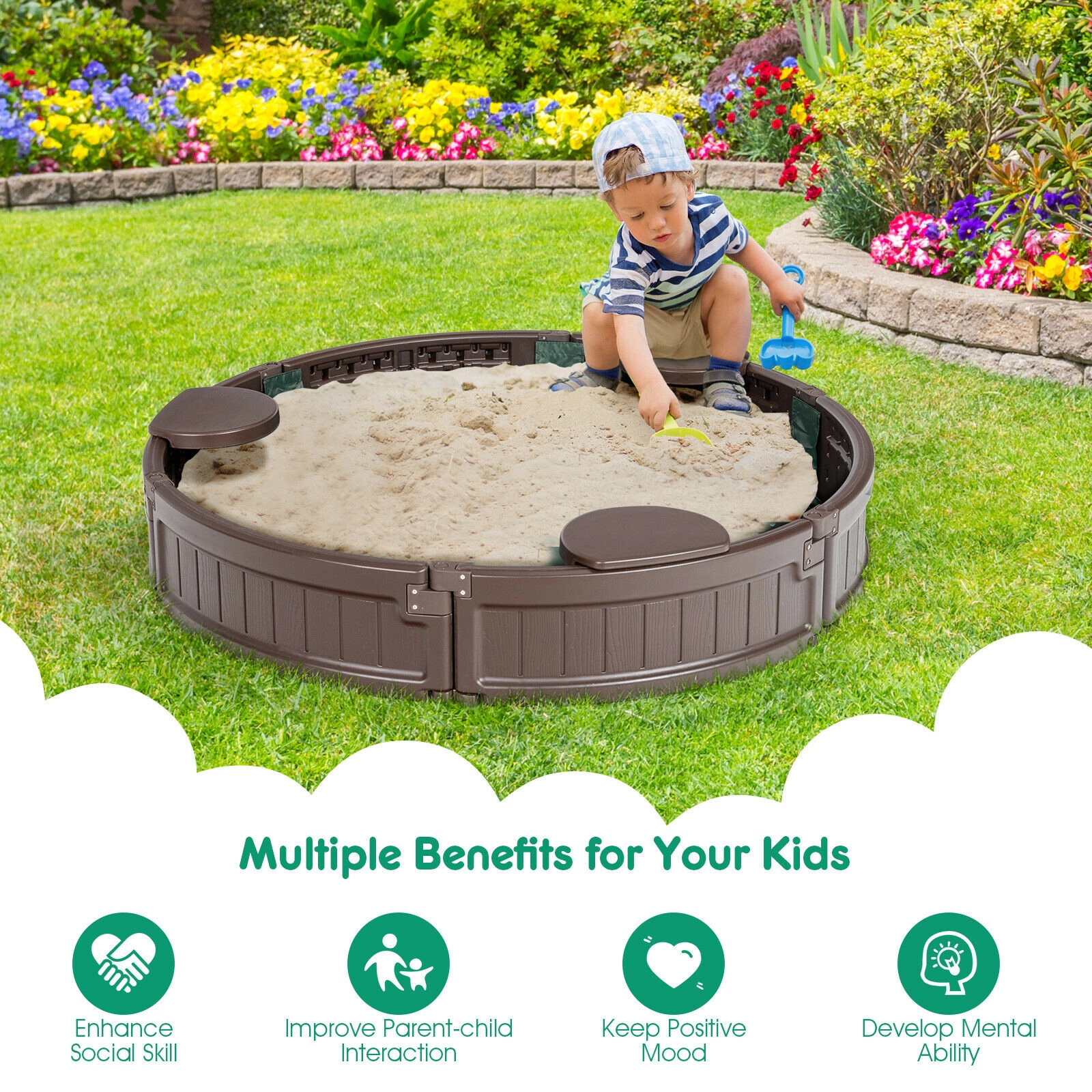 LJG Kids Sandbox with Built-in Corner Seat and Cover