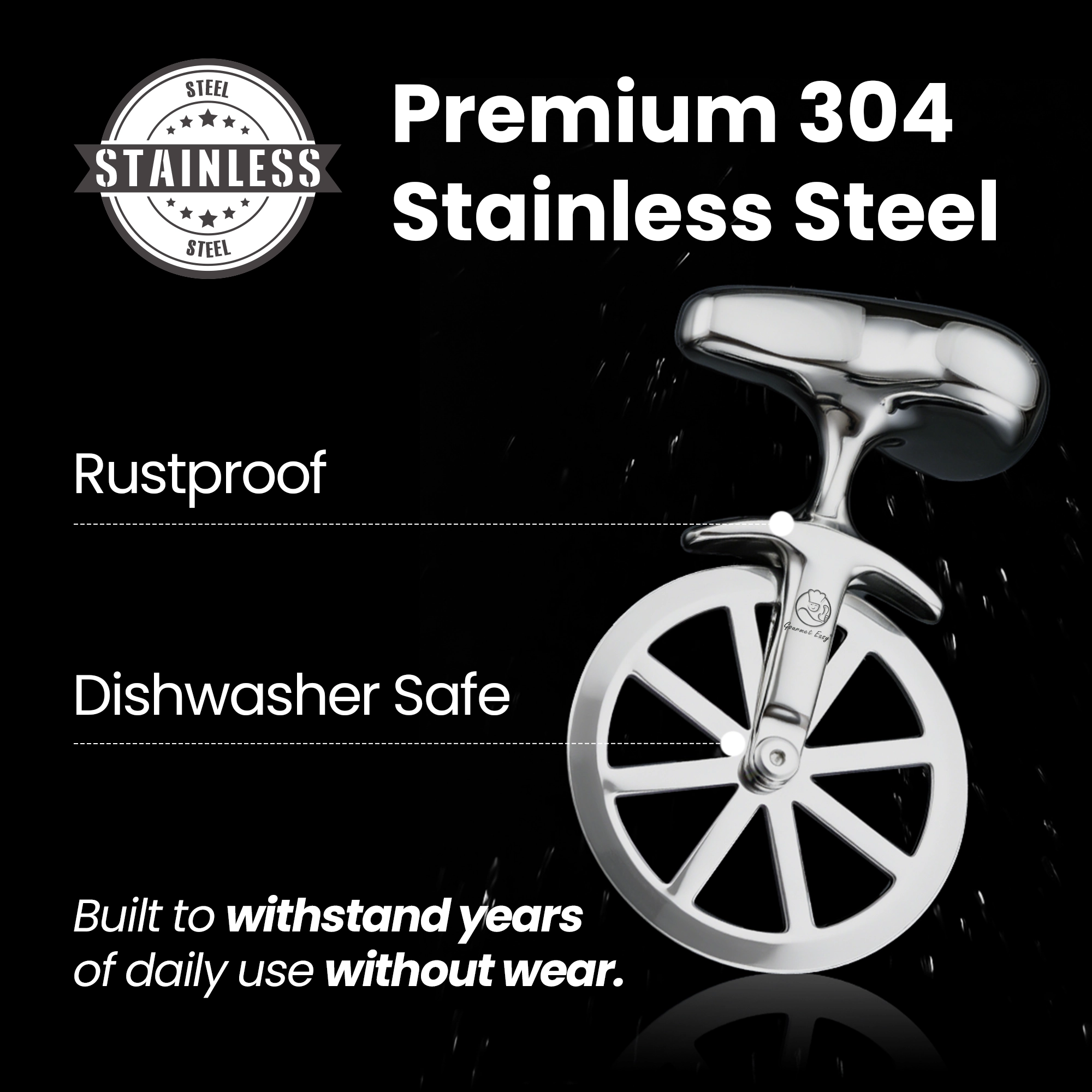 Gourmet Easy Pizza Cutter, Stainless Steel Ultra Sharp Pastry Cutter, No-Wobble, Easy to Clean