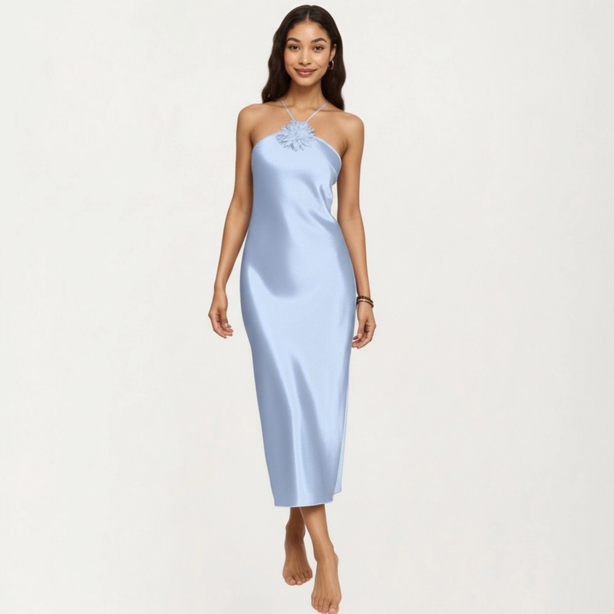 Anna-Kaci Women's Strapless Midi Slip Dress with Floral Appliqué Halter Detail and Sleek Smooth Silhouette