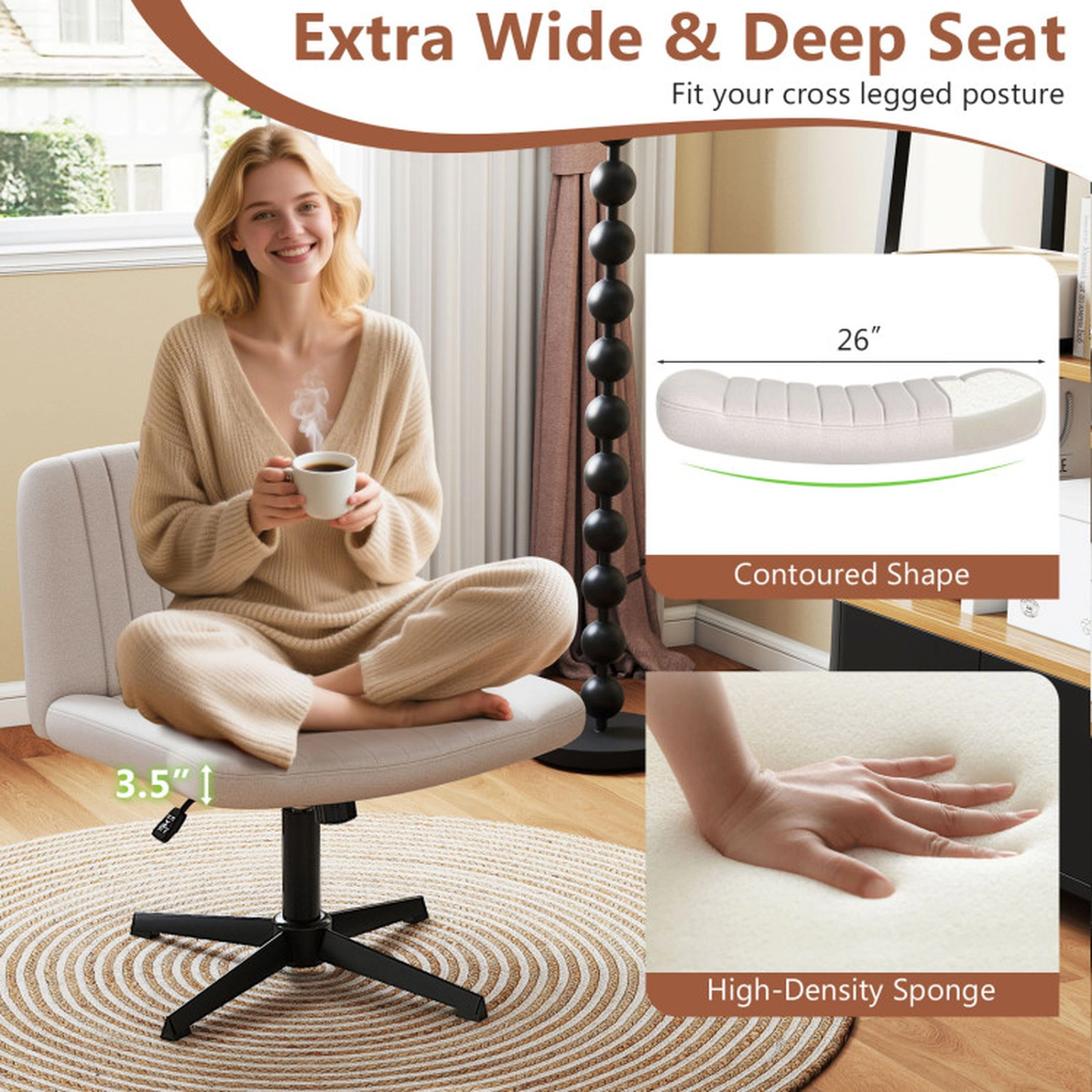 SUGIFT 350-lb Capacity Armless Criss Cross Legged Swivel Desk Chair with Linen Upholstery and No Wheels