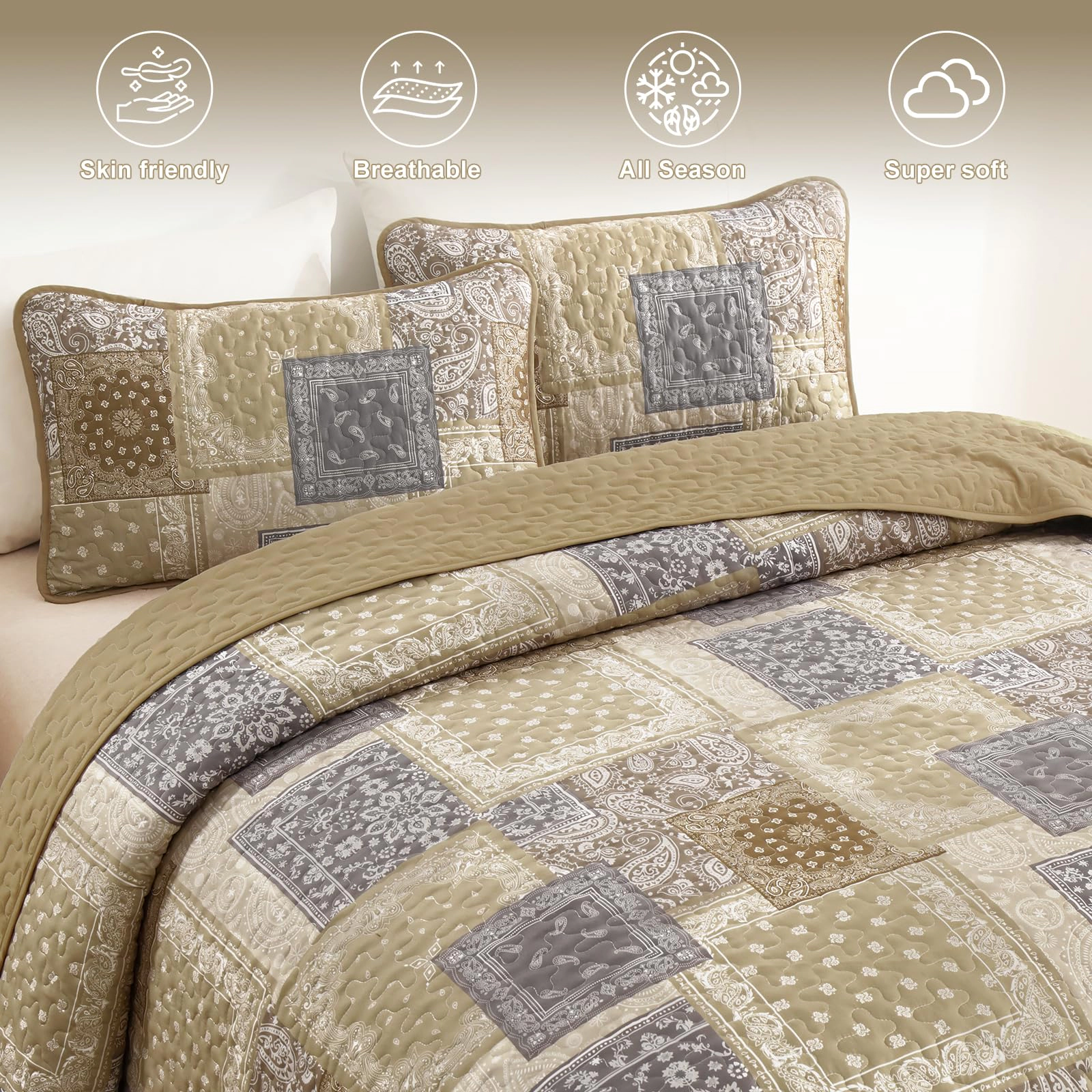 PUPWE Quilt Set King Red Black Paisley Patchwork Bedspread Coverlet