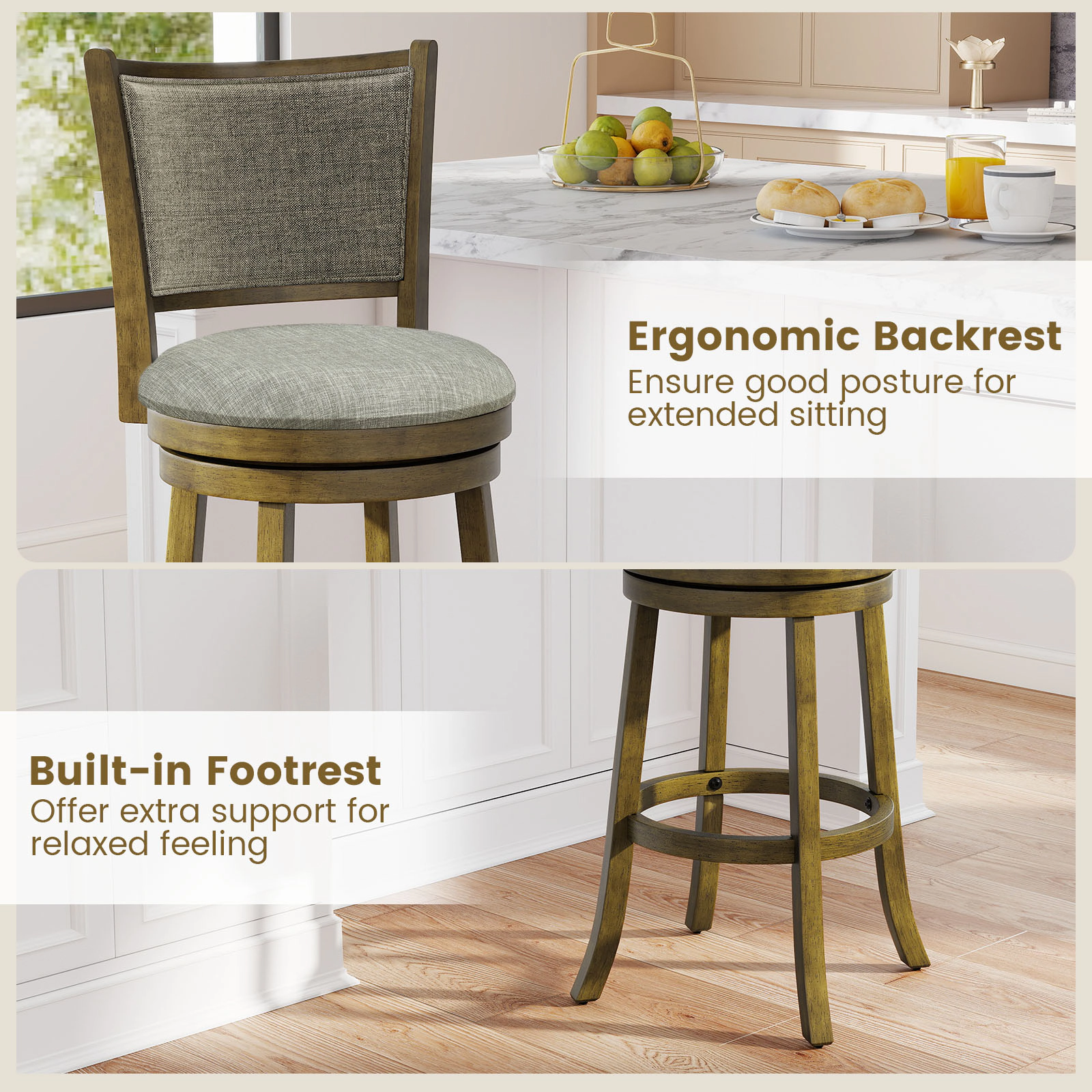 SUGIFT Soft-Padded Swivel Bar Stools Set of 2 with Curved Back and Footrest 350-lb Capacity 21 x 19 x 44.5 in Gray