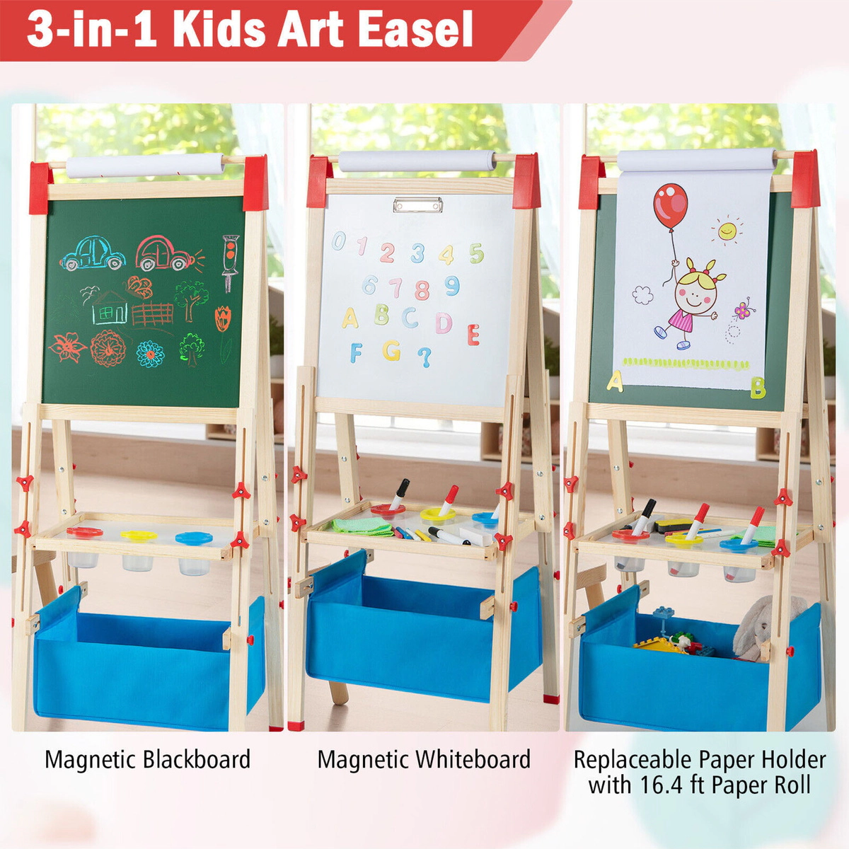 SUGIFT 3-in-1 Double-Sided Adjustable Kid Easel Magnetic Chalkboard & Whiteboard 40-49.5-in Tall Ages 3-8 Natural + Blue