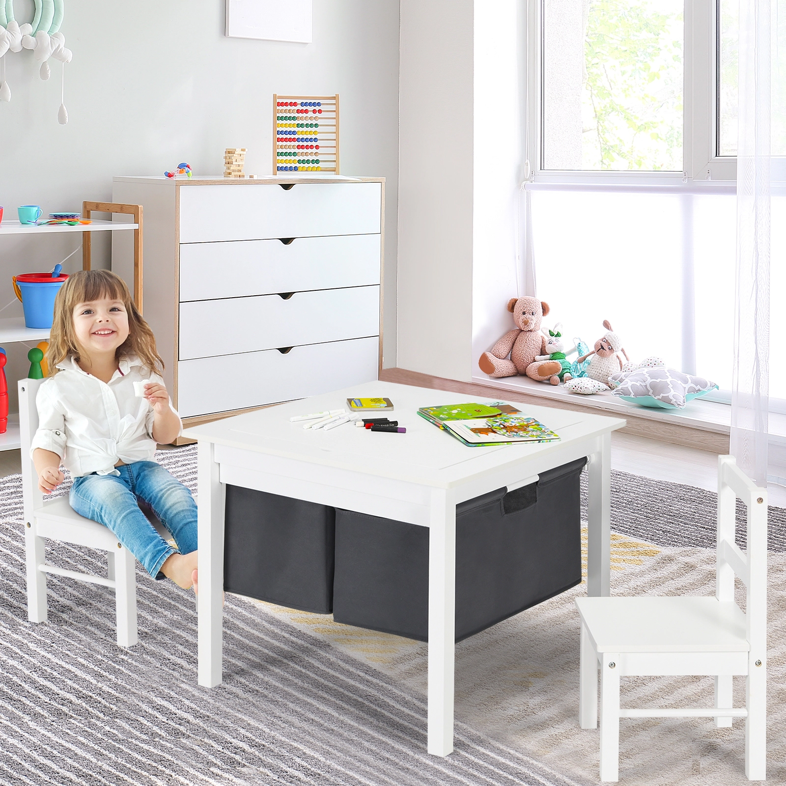 SUGIFT 2-in-1 Kids Activity Table and 2 Chairs, Reversible Top, Brick Baseplate, Storage Drawers, White
