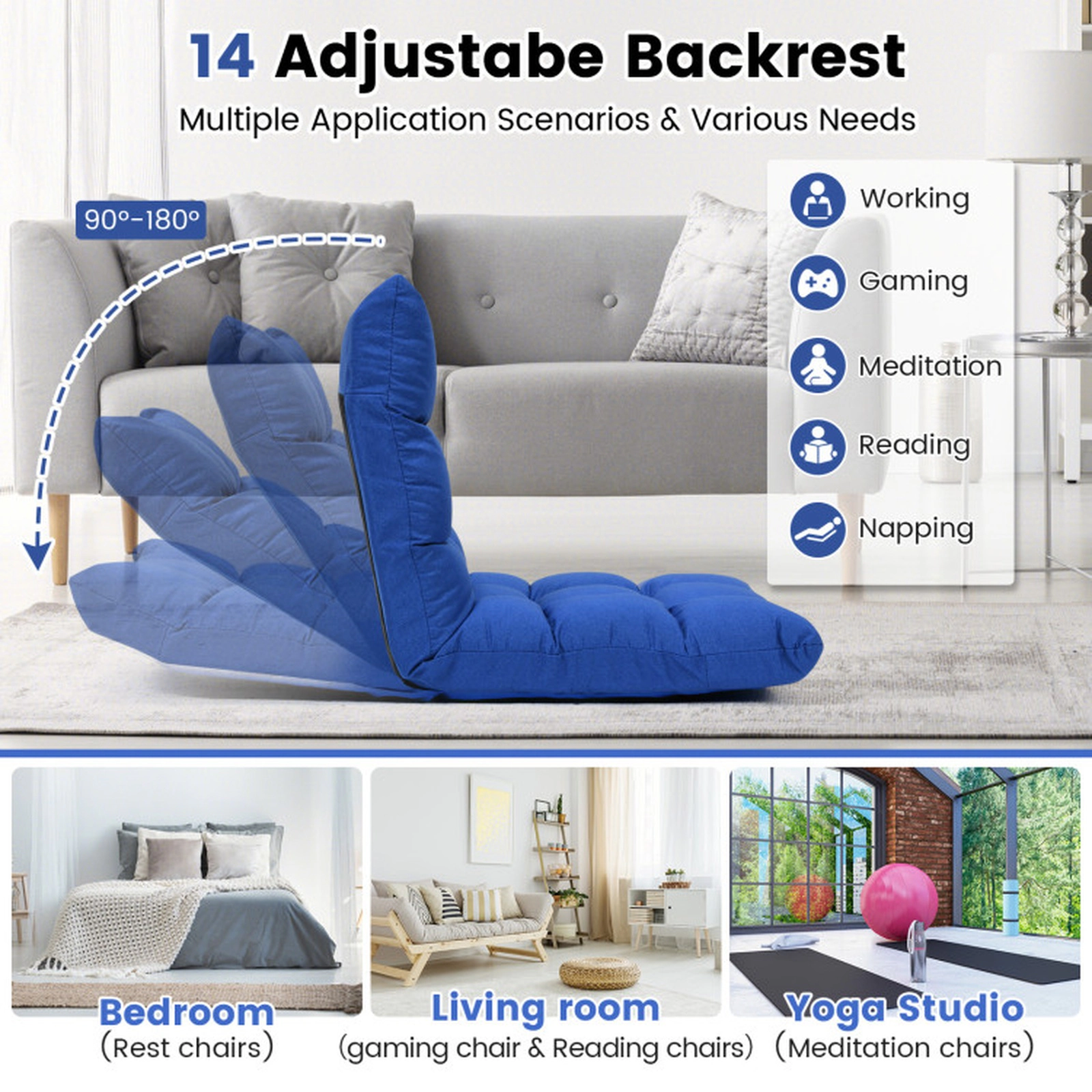 SUGIFT 14-Position Anti-Slip Cotton Linen Folding Floor Gaming Sofa Chair 42-in x 21-in x 4-in 264-lb Capacity Blue